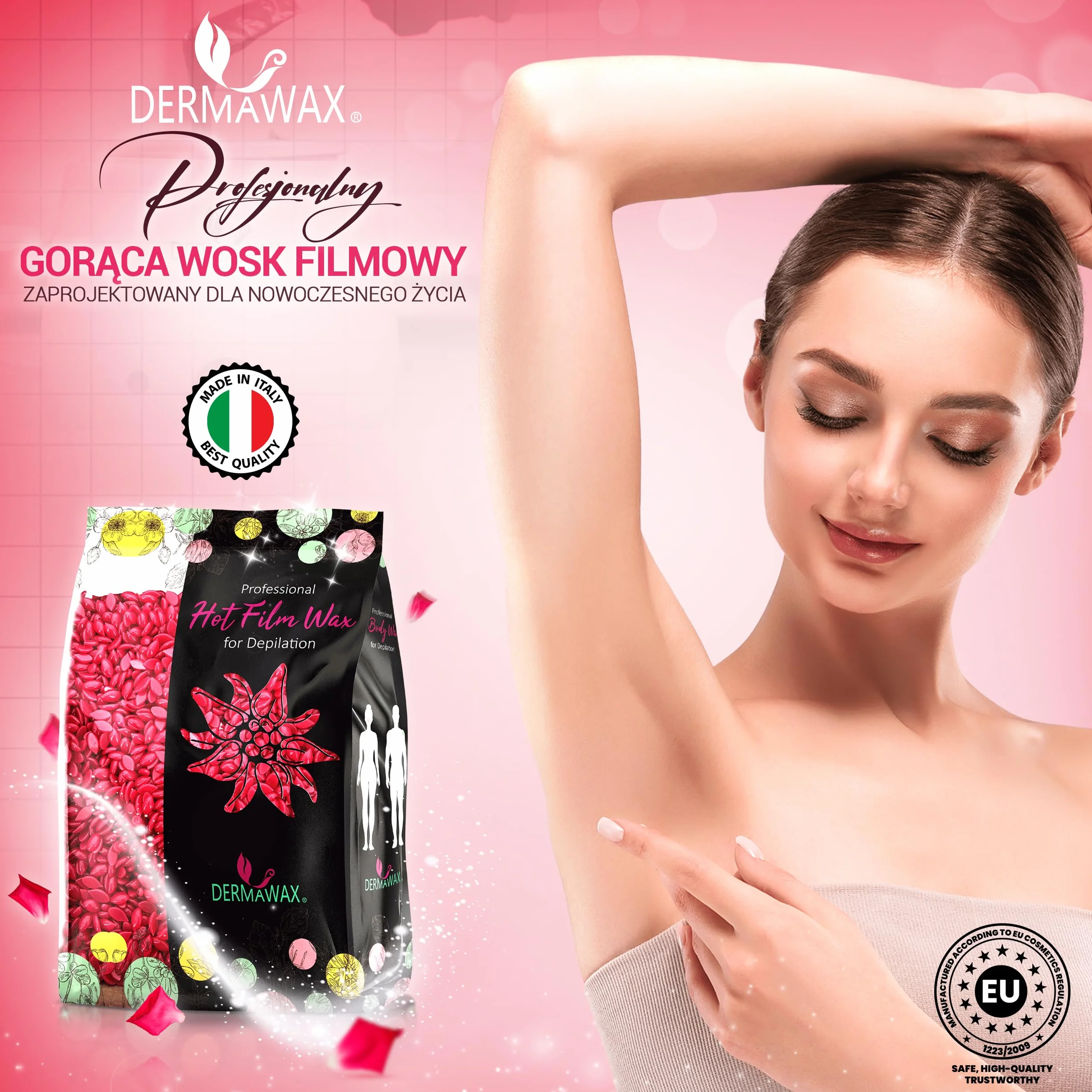 Dermawax Koraliki z wosku różanego, bez pasków do twarzy, bikini, nóg i pachy, koraliki z twardego wosku do skóry wrażliwej i grubych włosów, profesjonalny brazylijski zestaw do woskowania dla