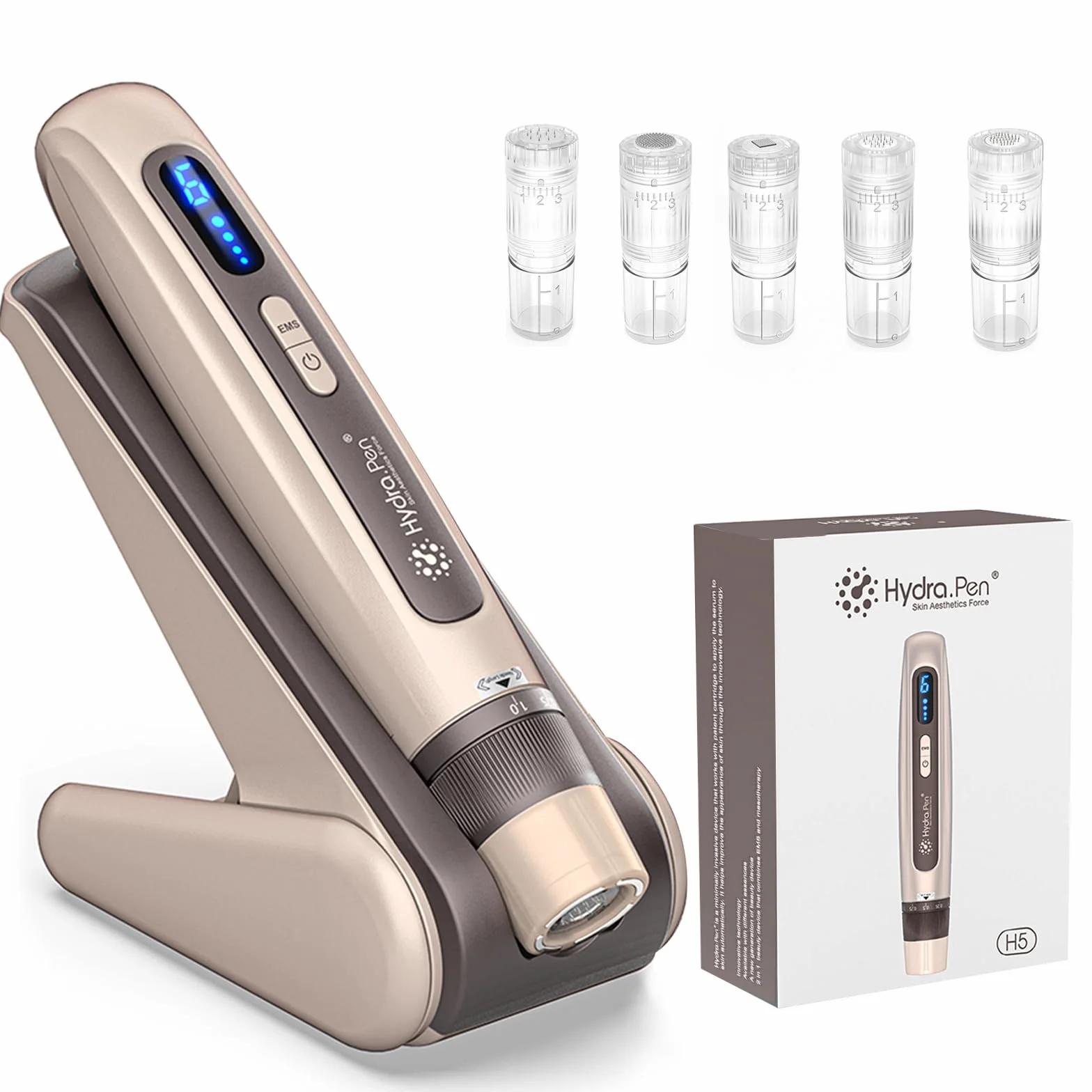 Hydra. Pen H5 Dermapen Microneedling Pen, EMS Microcurrent Automatyczna aplikacja serum Microneedling Narzędzie kosmetyczne 3 w 1 z 5 rodzajami wkładów, prezenty dla kobiet (złoto)