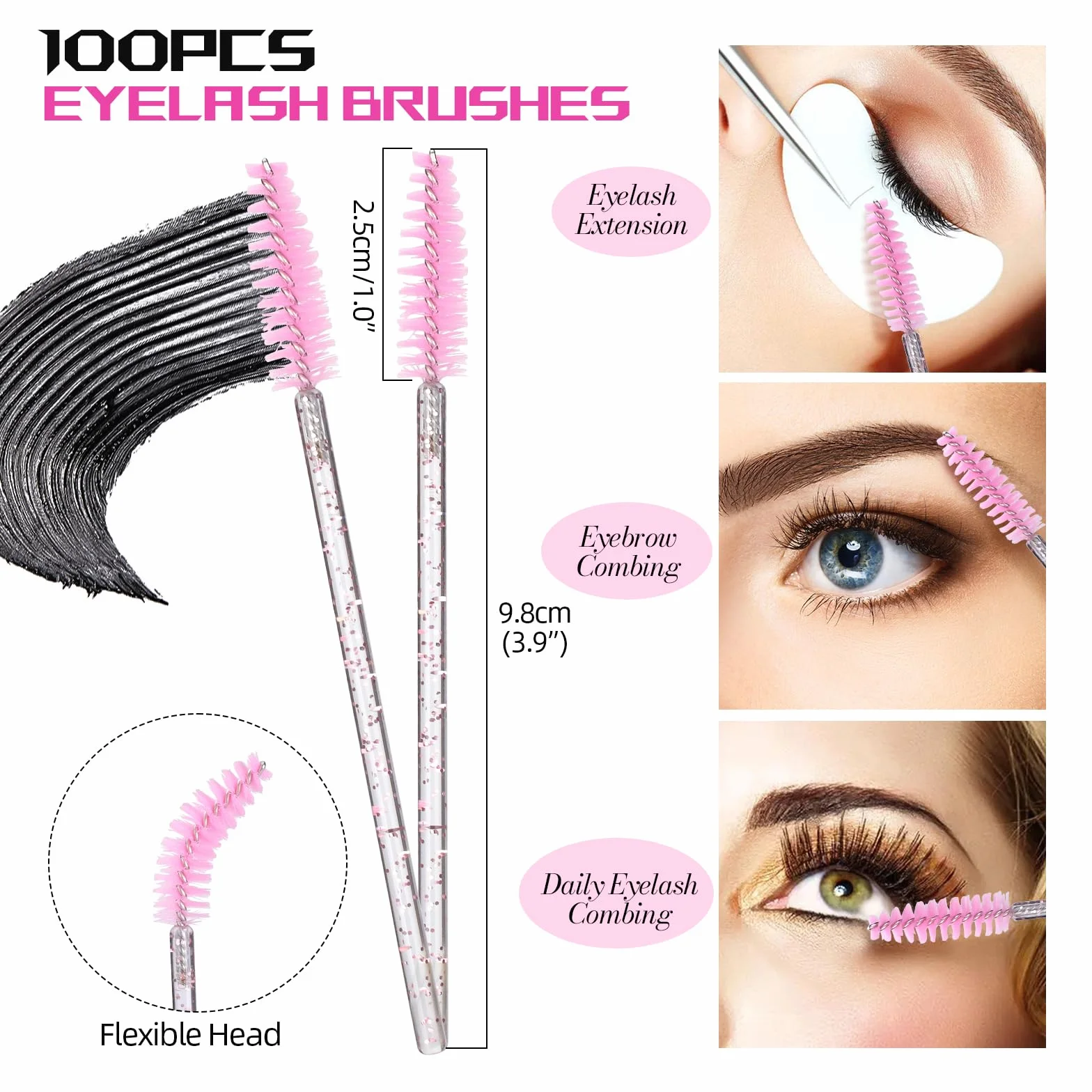 ATOMUS 100Pack Mascara Wands Disposable Eyelash Mascara Eyebrow Brushes Applicator Makeup Cosmetic Brush with Crystal Handle for Eyelash Extensions Mascara Use (100pcs pink)