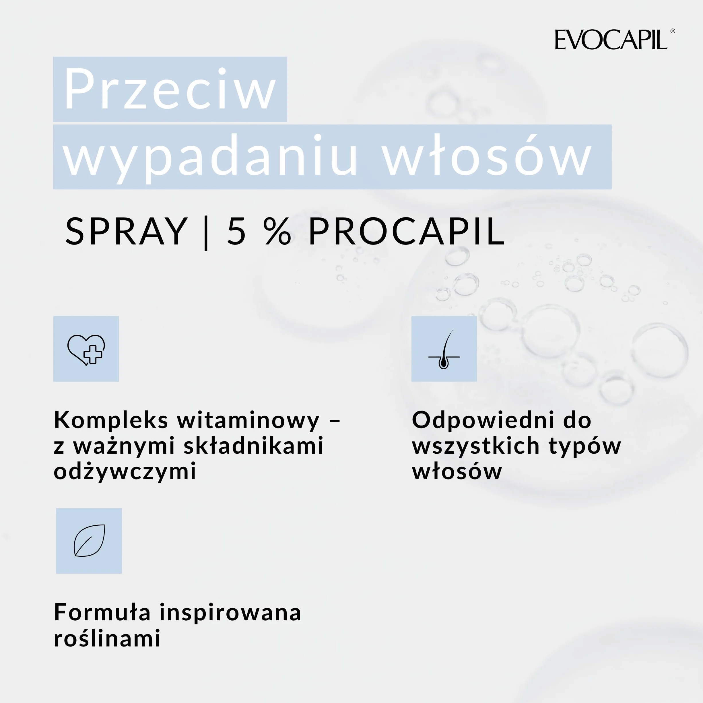 EVOCAPIL Plus Spray przeciw wypadaniu włosów – 5% Procapil i kompleks witaminowy – wzmacnia cebulki włosów, wspomaga wzrost włosów – spray na porost włosów – 1 opakowanie
