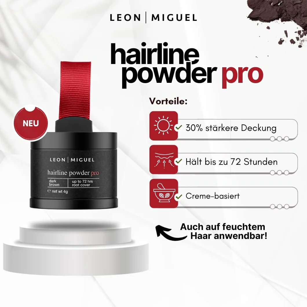LEON MIGUEL Puder do nasady – wodoodporny puder Hairline Powder jako idealny korektor do zakrywania nasady, niewidoczny makijaż włosów do zagęszczania włosów (ciemnobrązowy, Hairline Powder Pro)