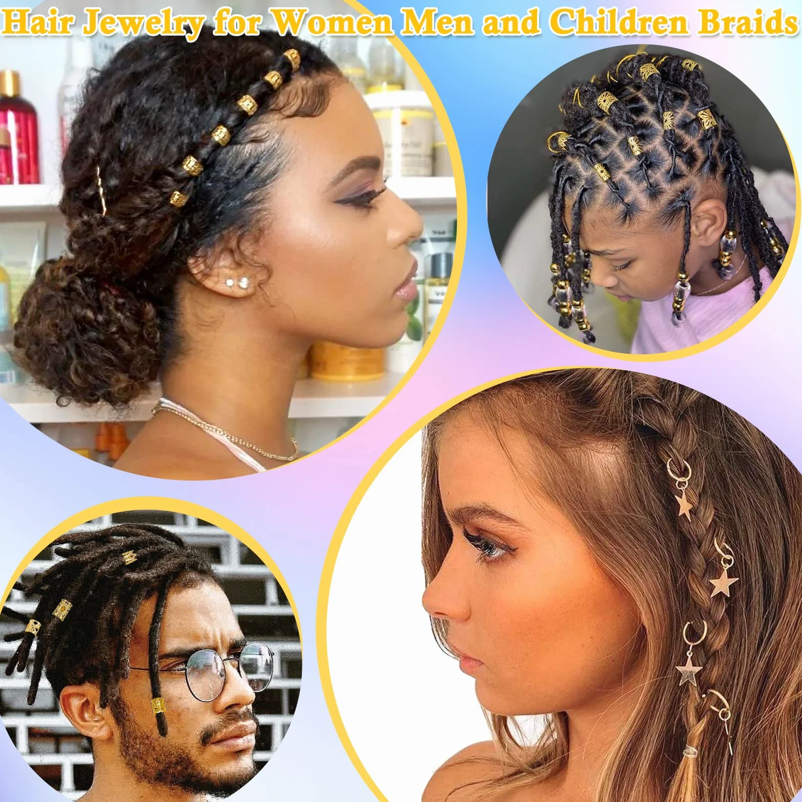 Lucomb 259 sztuk Hair Jewelry for Braids, Loc Jewelry for Hair Dreadlock, Hair Jewelry for Women, Metal Gold Braids Ring Cuffs Cuffs Clip for Dreadlock Accessories Hair Braids Jewelry Decorations