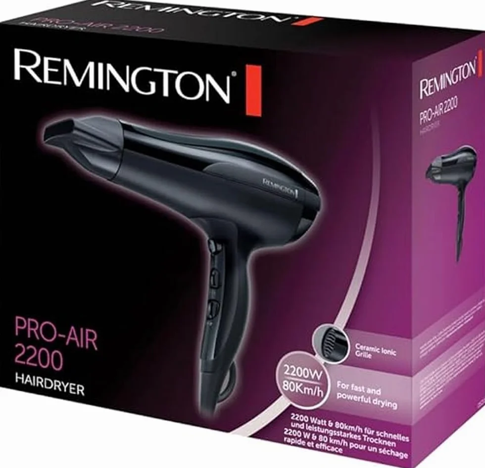 Remington suszarka do włosów z jonizacją, 3 ust. nagrzewania i 2 ust. nawiewu, ceramiczna kratka, koncentrator, zimny nawiew, uchwyt do zawieszenia, moc 2200W, czarna, Pro Air D5210