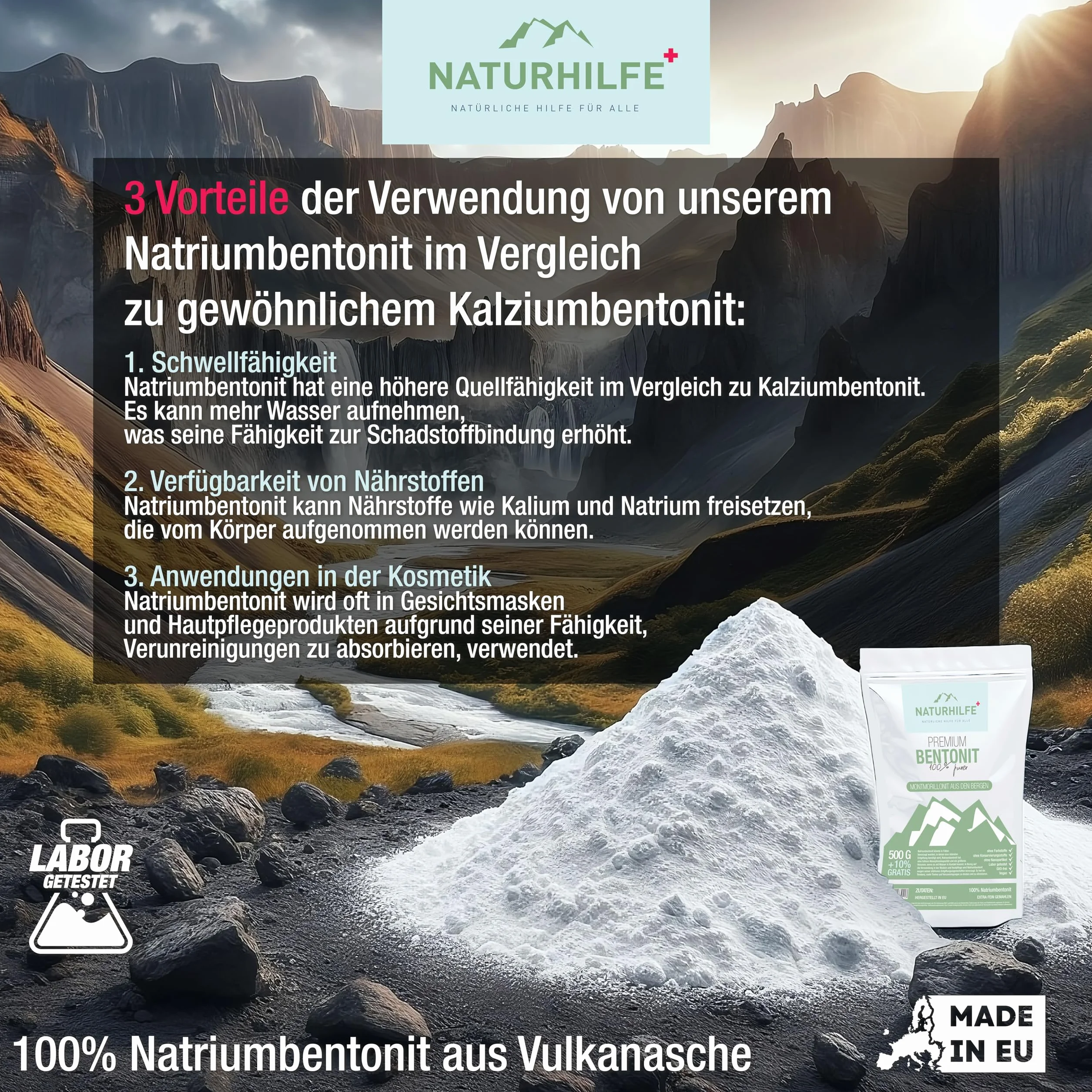 Bentonit w proszku 550 g - Testowana laboratoryjnie glinka mineralna Bentonit sodowy - Minerały wulkaniczne dla zdrowej skóry i detoksu - 100% czystości