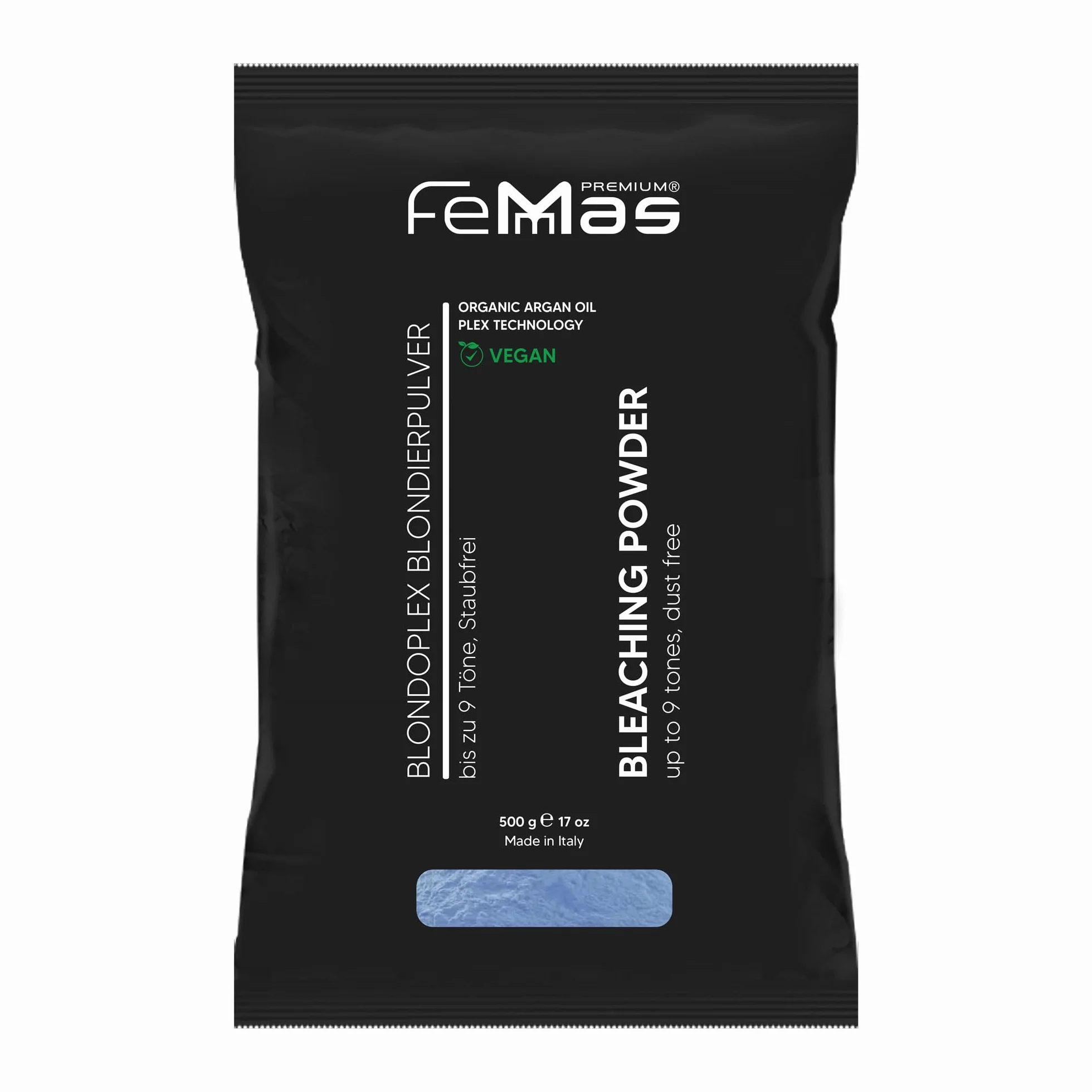 FemMas Niebieski proszek wybielający 500 g I Proszek wybielający z technologią Plex i jednorodnym rozjaśniającym olej arganowy I Ultra mocny i bezpyłowy I Hair Bleach do rozjaśniania do 9 odcieni