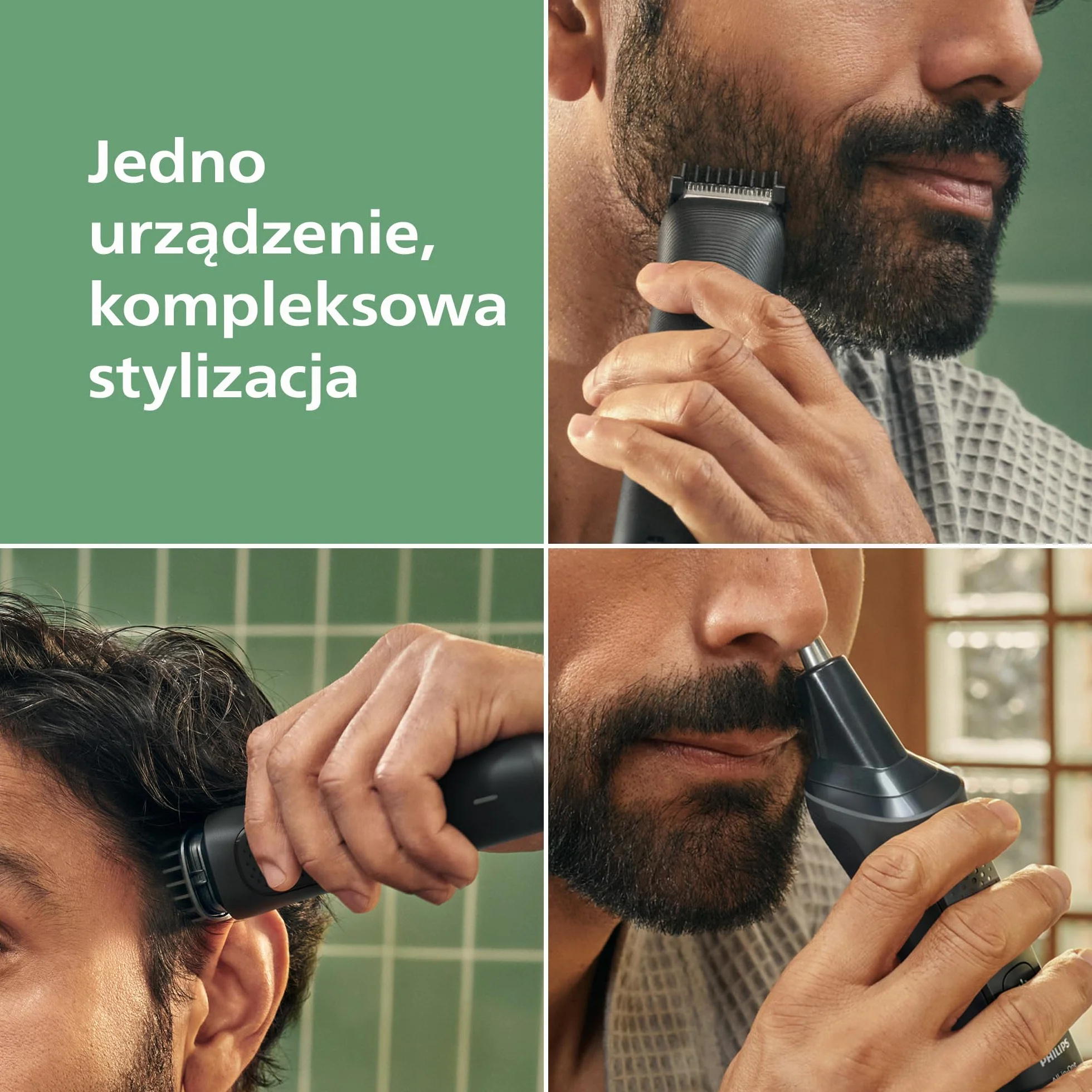 Philips Multigroom All-in-One z serii 3000 – 7-elementowy trymer do twarzy i głowy, samoostrzące się, przyjazne dla skóry ostrza, 10 ustawień długości, model MG3930/15