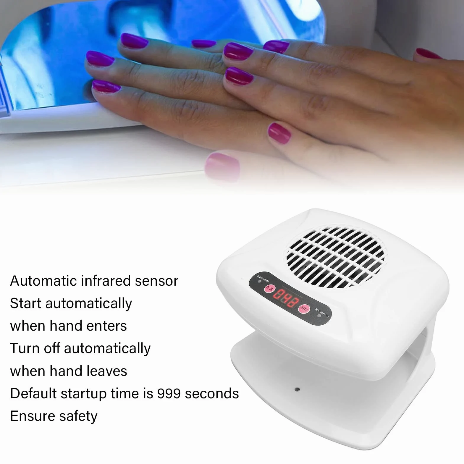 Suszarka do Paznokci na Powietrze do Obu Rąk i Stóp 300w Air Nail Fan Suszarka Nadmuchowa do Zwykłego Lakieru do Paznokci z Gorącym i Chłodnym, Automatycznym Użyciem