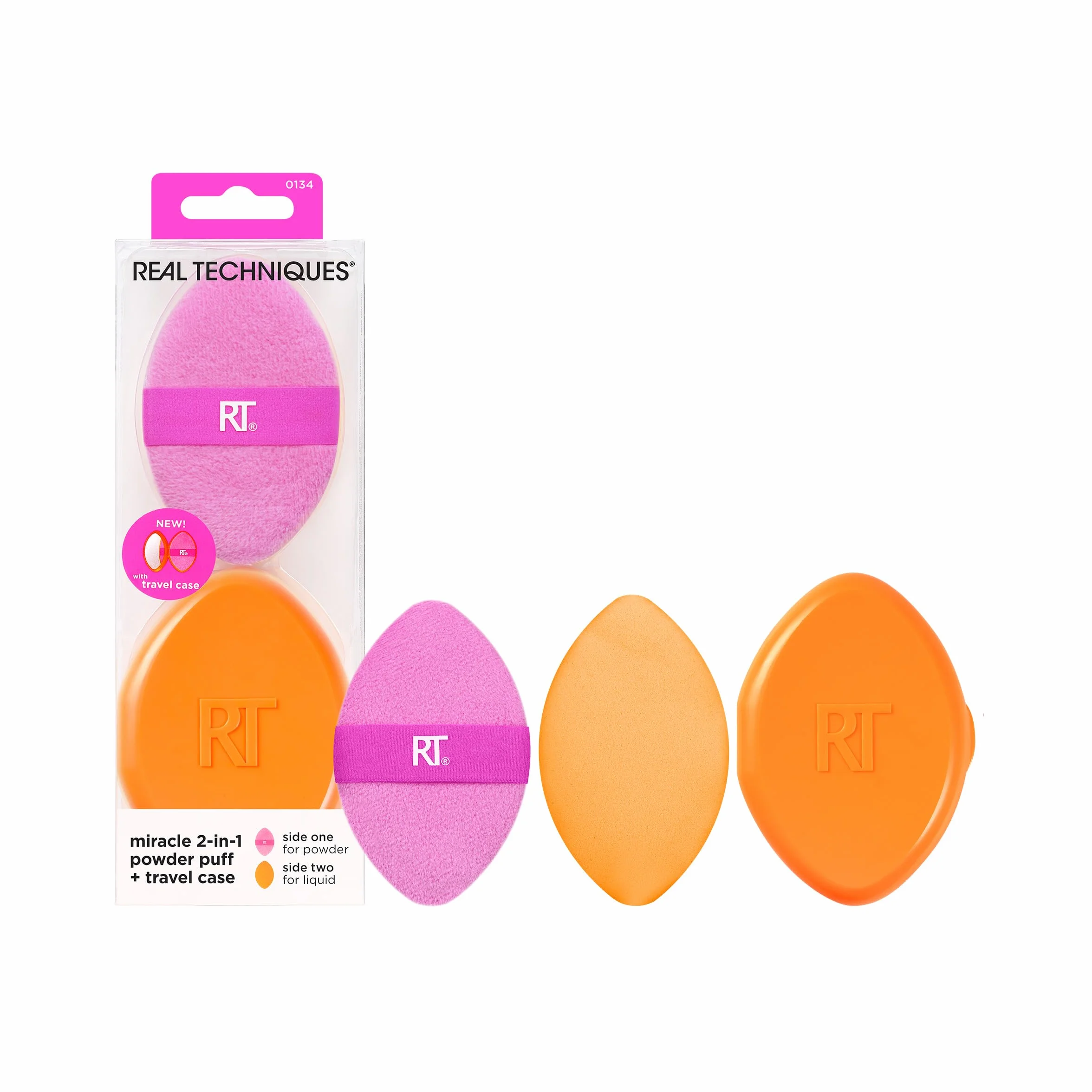 Real Techniques Miracle 2 w 1 pudru + etui podróżne, dwustronna opaska do mieszania makijażu, elastyczna taśma, precyzyjna gąbka do makijażu i pudru, do płynów, kremów i proszków, etui podróżne, 2