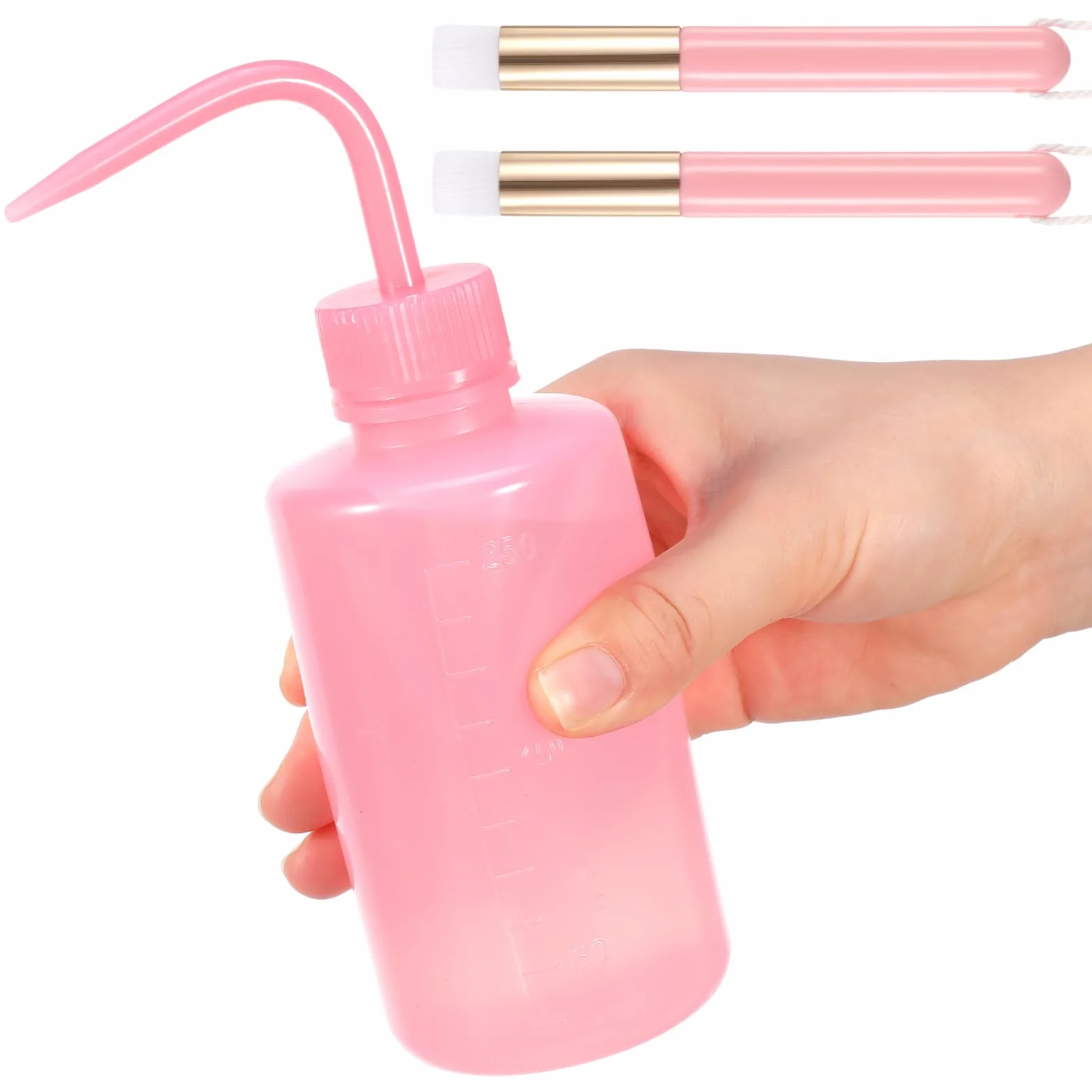 COMNICO Zestaw szczotek do szamponu, 1 szt. 250 ml, plastikowa, bezpieczna butelka do mycia i 2 szczotki do czyszczenia rzęs, do tatuażu, akcesoria do przedłużania rzęs (różowe)