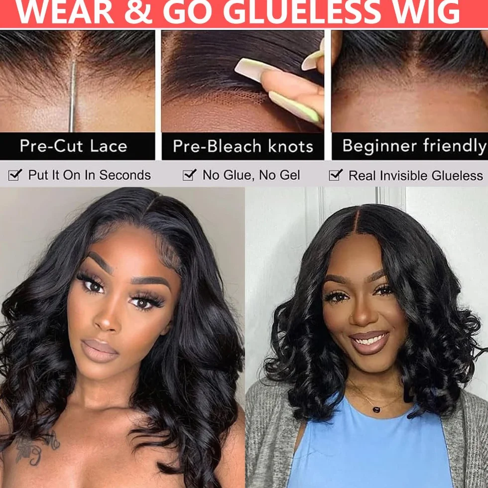 Wear and Go Glueless Wigs Human Hair 4x4 HD Lace Front Pre Cut Body Wave Natural Hairline 180 Density 14 inch