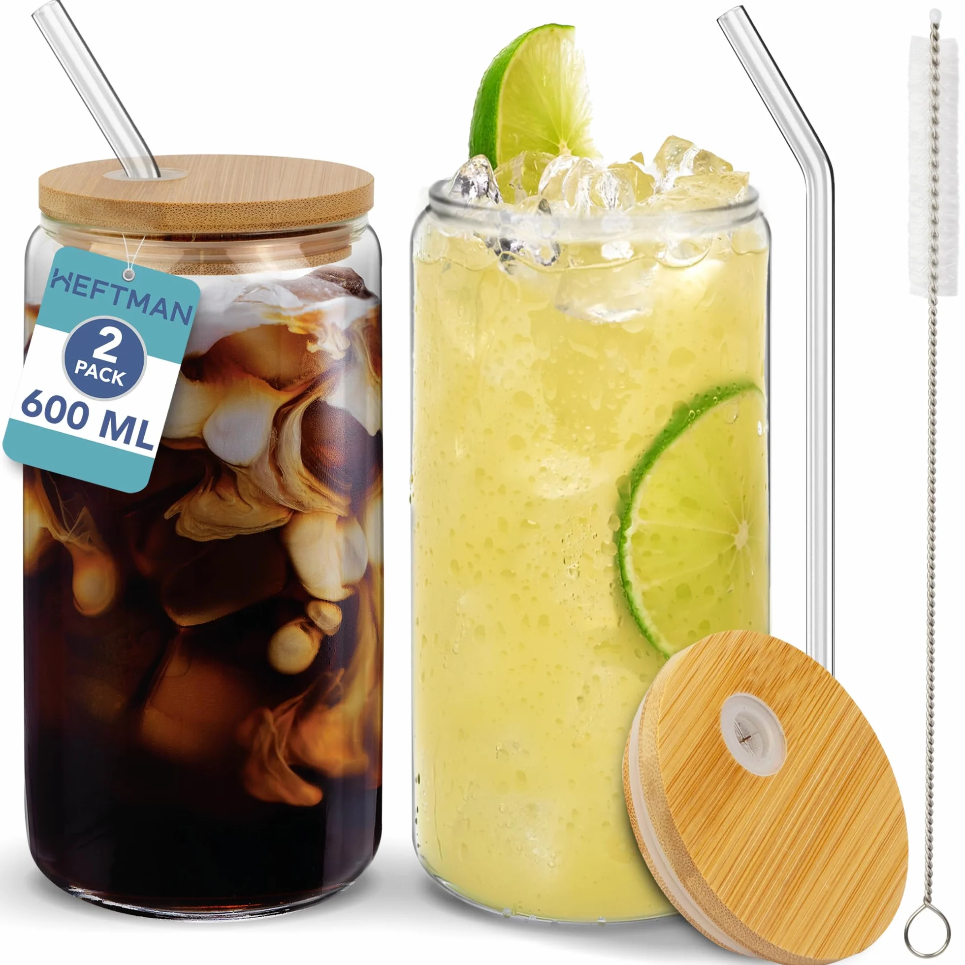 HEFTMAN Szklane kubki z pokrywkami i słomkami, 2 sztuki, puste szklanki w kształcie puszki 600 ml, z hermetycznymi pokrywkami bambusowymi, szklanymi słomkami i szczotką do czyszczenia słomki, szklanki