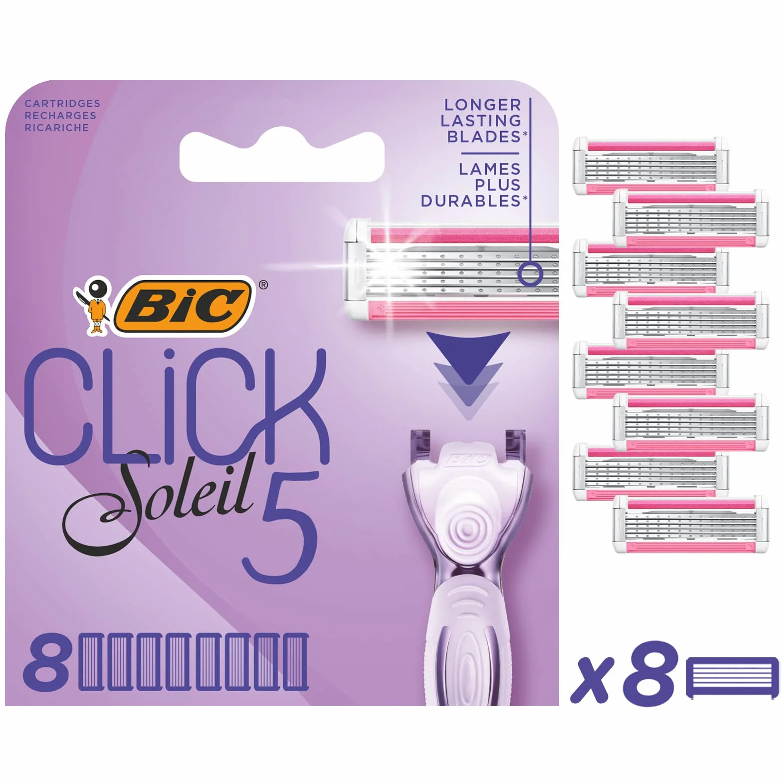 Bic Click 5 Soleil damskie wkłady do maszynki do golenia, 3 ruchome ostrza i pasek smarujący - pudełko z 8 kartridżami, fioletowe, 8 sztuk (1 szt.)