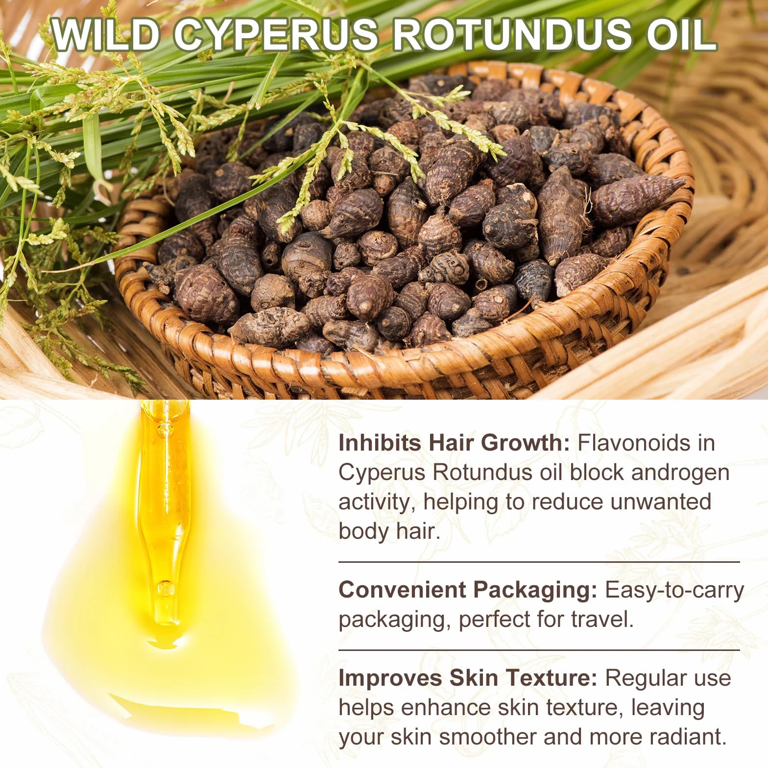 Cyperus Rotundus olejek do depilacji, 100% czysty, naturalny środek przeciwporostowy włosów na twarz i ciało, kojący po goleniu, zmniejsza pory i nawilża skórę (60 ml)