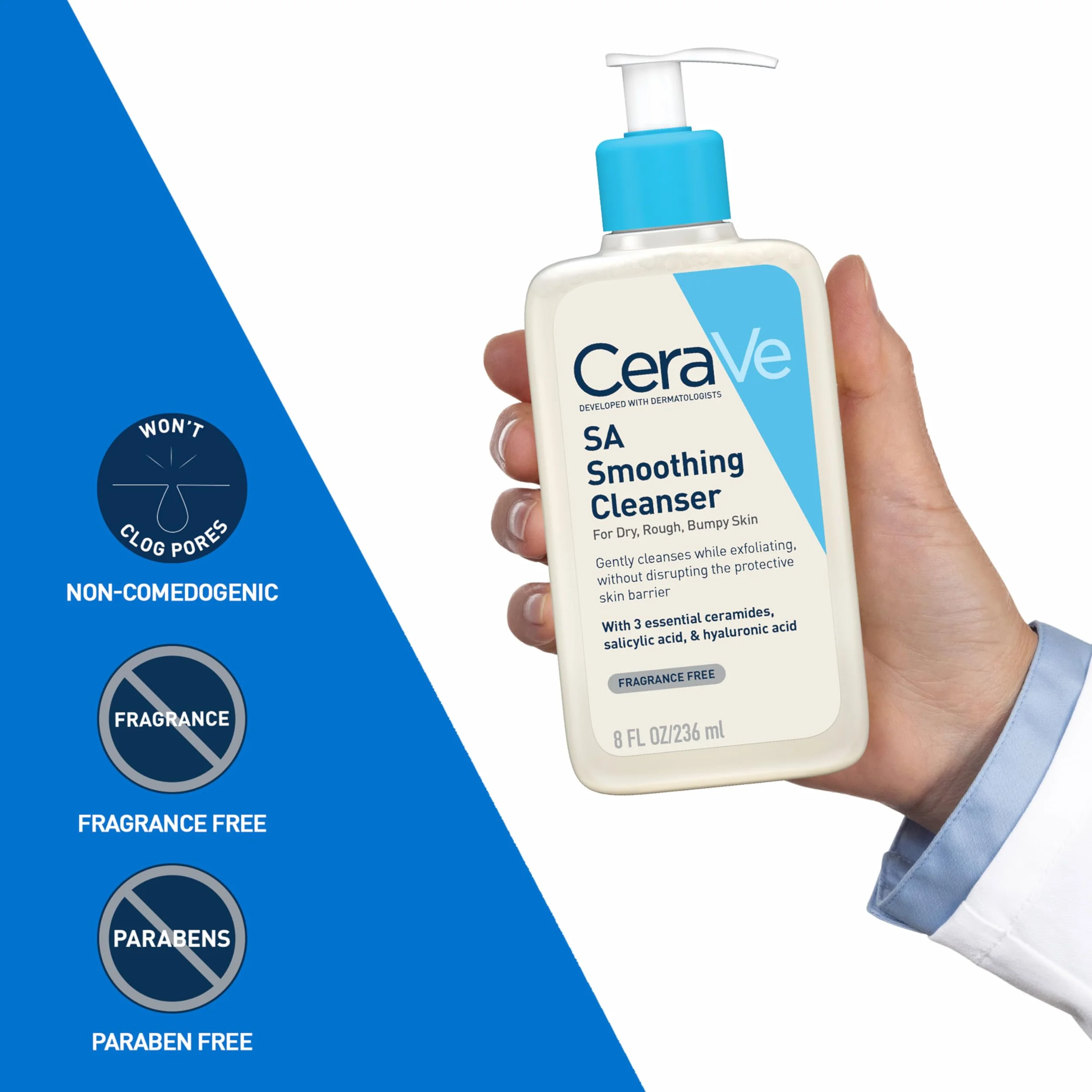 CeraVe wygładzający środek do oczyszczania suchej, szorstkiej i nierównej skóry, peelinguje, z 3 niezbędnymi roślinnymi ceramidami oraz kwasem hialuronowym dla wzmocnionej bariery ochronnej, 236 ml