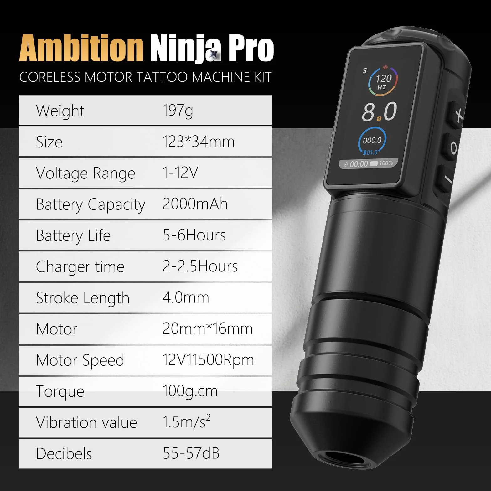 Ambition Ninja Pro Maszyna do Tatuażu Silnik Bezrdzeniowy Rotacyjny Długopis Dual Zasilanie 2000mAh