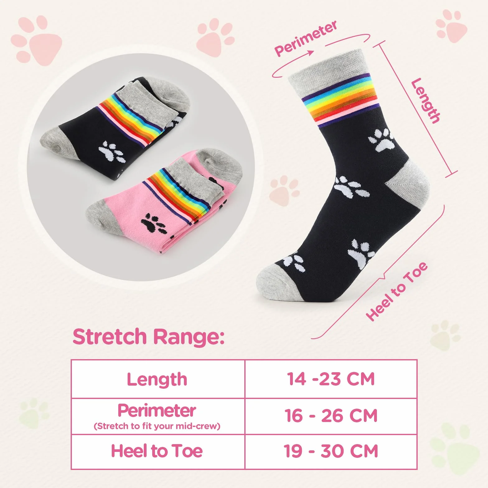 LittleForBig Rainbow Cuff Kitten Paw Bawełniane skarpety Mid Crew Zestaw 2 par - Różowo-Czarna Łapa i Czarno-Biała Łapa