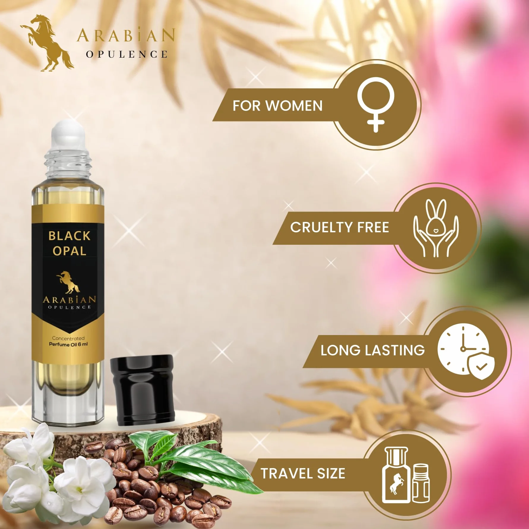Arabian Opulence FR49 BLACK OPAL skoncentrowany olejek perfumowany, butelka zapachowa bursztynowo-waniliowa dla kobiet, długotrwałe perfumy na bazie oleju, bezalkoholowy olejek do ciała (6 ml)