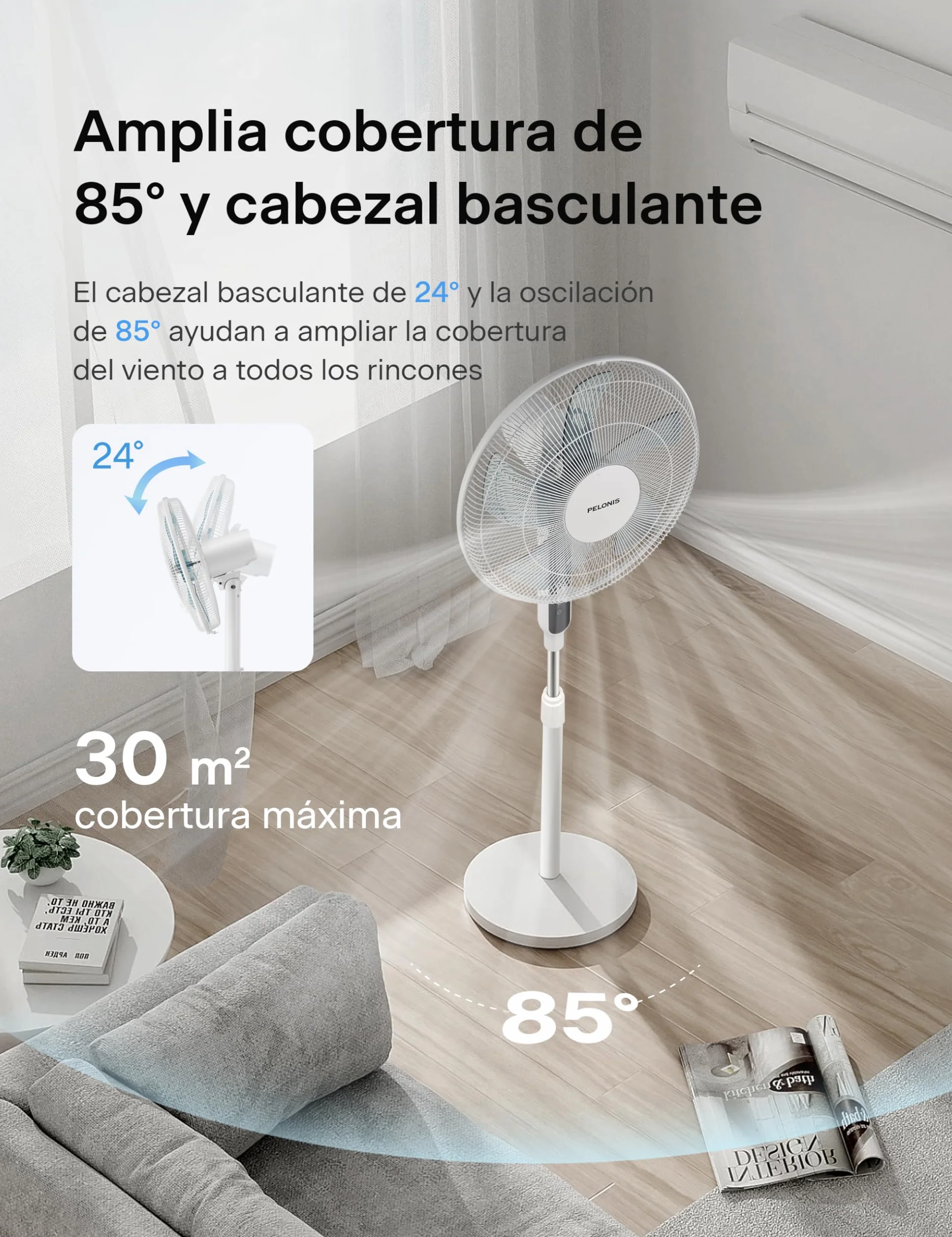 PELONIS Cichy wentylator stojący, z pilotem zdalnego sterowania, 35 cali, z oscylacją 85°, regulacja wysokości, 12 stopni prędkości, timer 12 h, 35 W, duża cyrkulacja powietrza