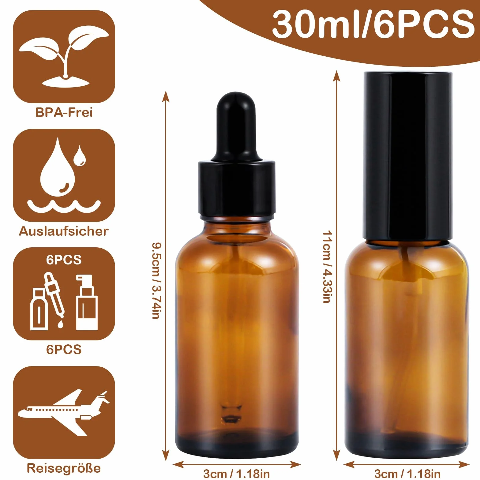 6 Sztuk 30ml Brązowa Szklana Butelka Zestawem Pipet, Ze Szklanym Spryskiwaczem, Butelką Balsamem, Butelką Kroplomierzem, Pipetą, Małym Lejkiem -Do Napełniania Produktów Do Pielęgnacji Skóry