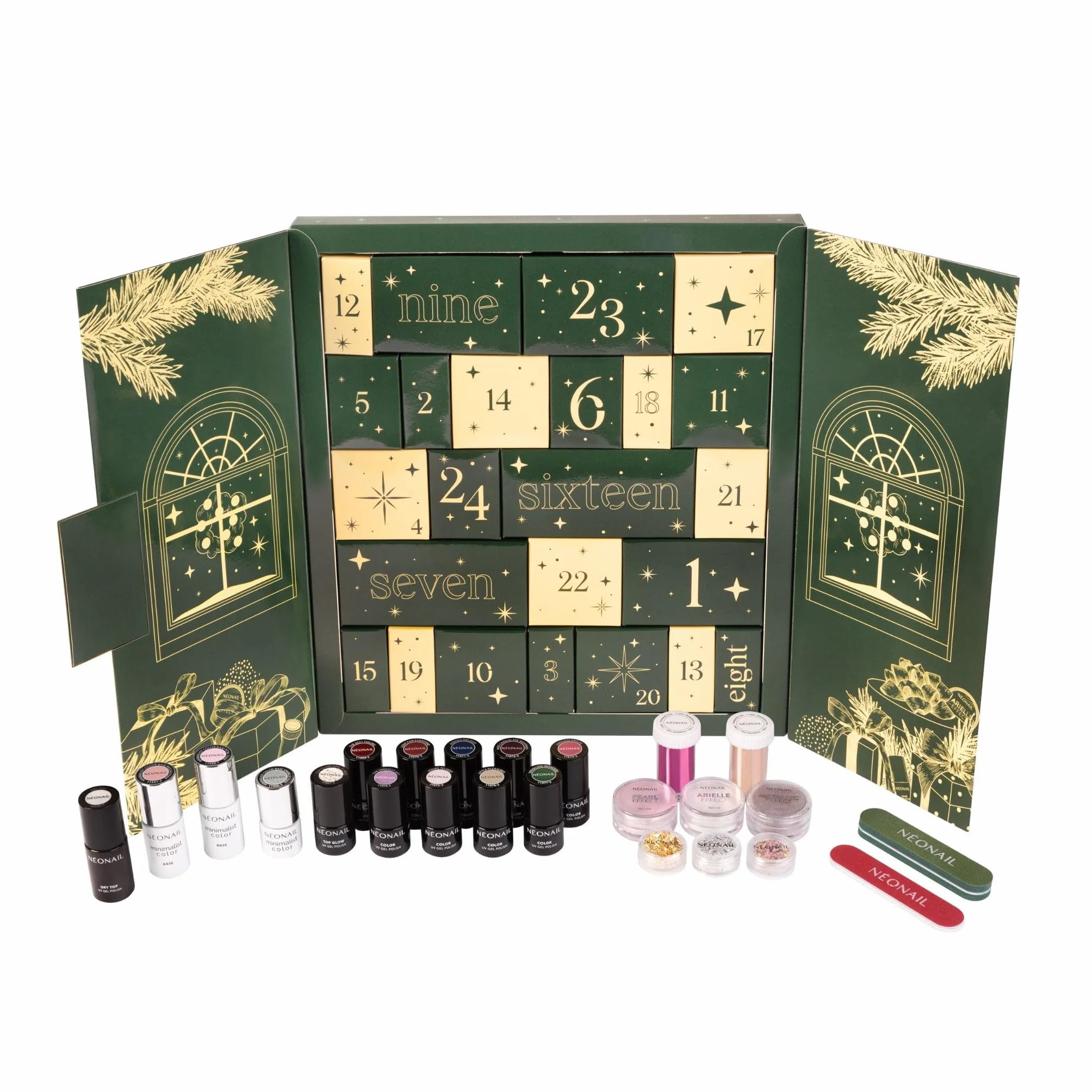 NÉONAIL Zestaw świąteczny - Beauty Feels Like Home - Kalendarz Adwentowy 2025 - Lakiery Hybrydowe, Bazy, Topy, Pyłki, Folie Transferowe, Akcesoria - Manicure - 24 Niespodzianki