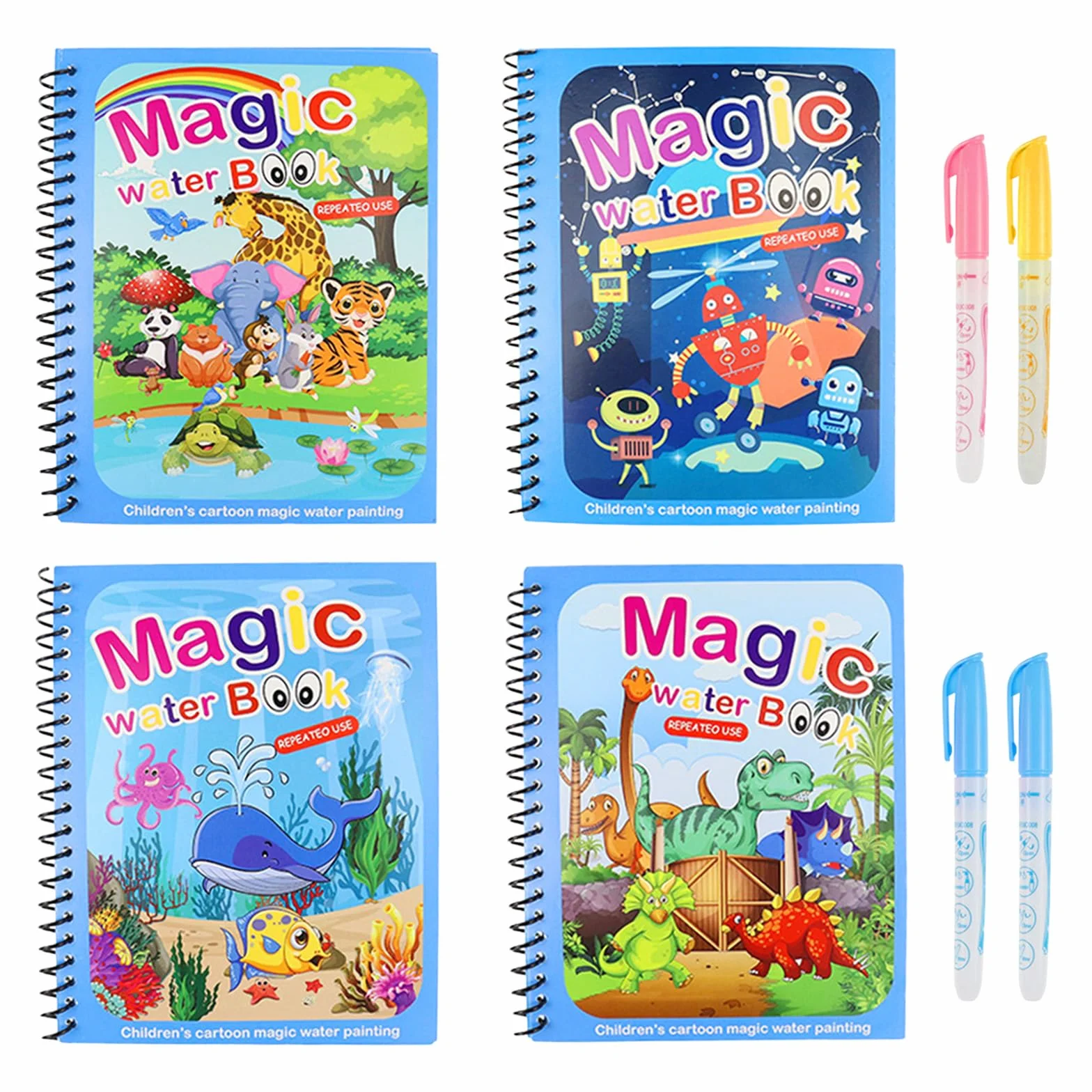 Zestaw 4 Magicznych Kolorowanek Wodnych dla Dzieci – Wielokrotnego użytku Kolorowanki z Kolorowymi Efektami – Kreatywna Zabawa Malowaniem Bez Brudu, Kompatybilna z Water Wow