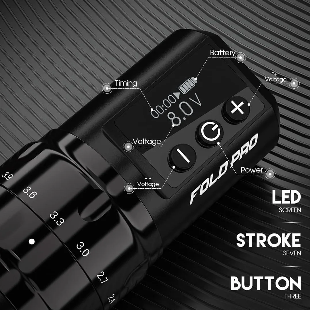 Dragonhawk Fold Pro Wireless Tattoo Machine Pen with 7 Strokes Length 2.4-4.2mm, 1500mAh Battery for Professional Tattoo Artists