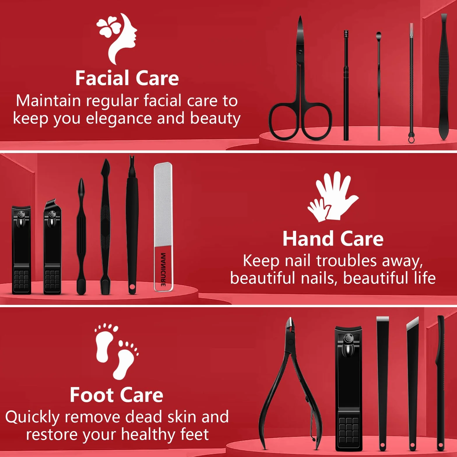 16-częściowy zestaw do manicure i pedicure, obcinacz do paznokci ze stali nierdzewnej, profesjonalny zestaw do pielęgnacji paznokci z przenośnym skórzanym etui dla mężczyzn i kobiet, czarny