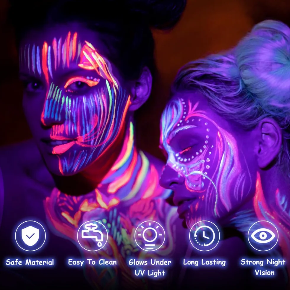 LOPHE Zestaw farb fluorescencyjnych, 6 x 30 ml, obraz z blaskiem UV, kolorowy neonowy zestaw do twarzy i ciała, Halloween, Boże Narodzenie, A