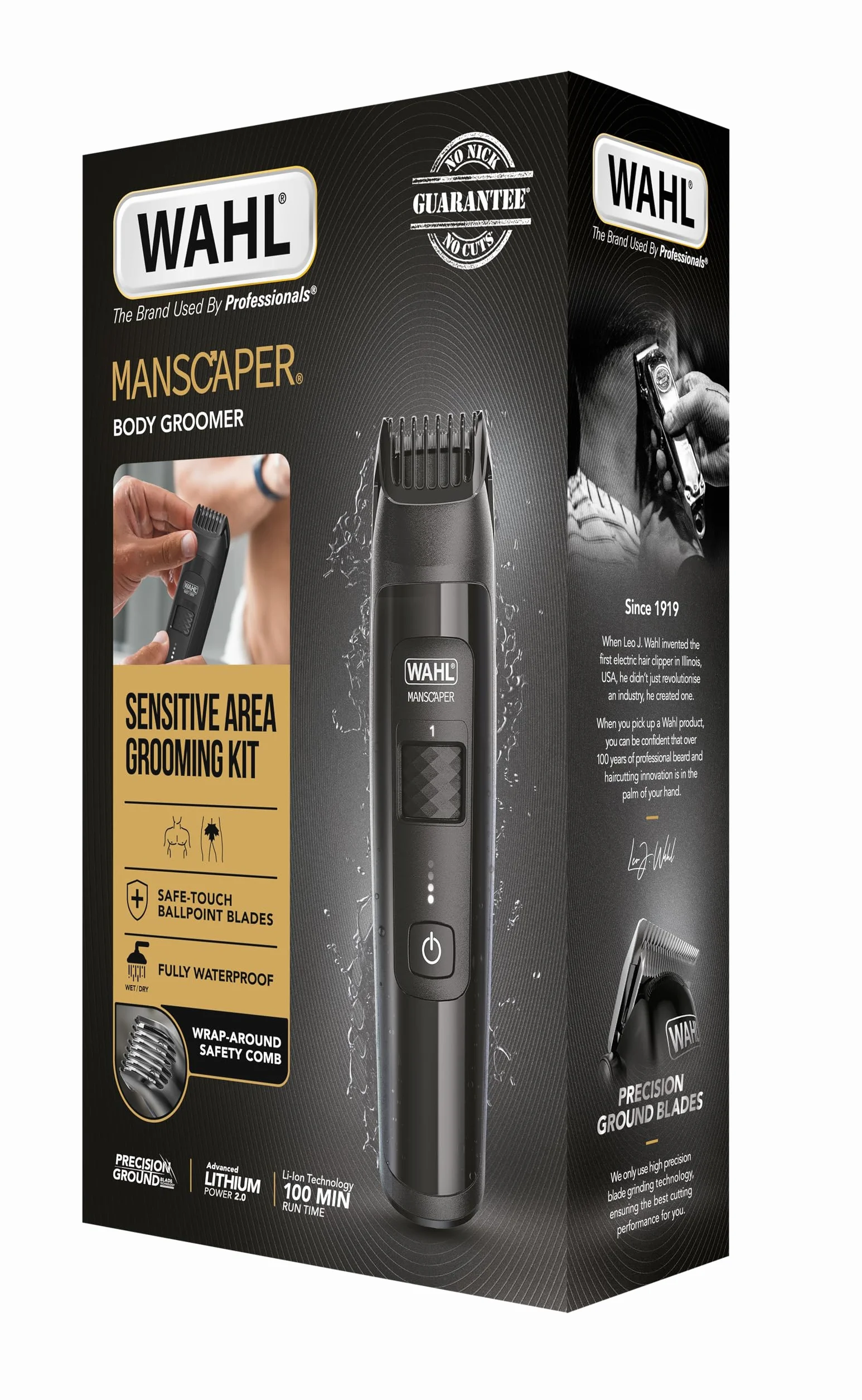 WAHL Manscaper Trymer litowo-jonowy do pachwin i ciała, trymer do ciała, wodoodporny trymer, do użytku na mokro/sucho, technologia Smart Trim LED, zaokrąglone ostrza Safe -Touch, bezprzewodowy, czarny