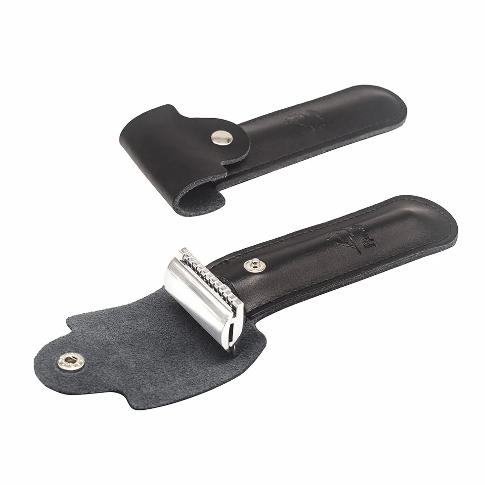 River Lake Etui z prawdziwej skóry, ochronne etui podróżne na maszynkę do golenia, podwójna krawędź, pokrowiec ochronny do golenia, etui podróżne, czarny, Czarny, 1 Count (Pack of 1)