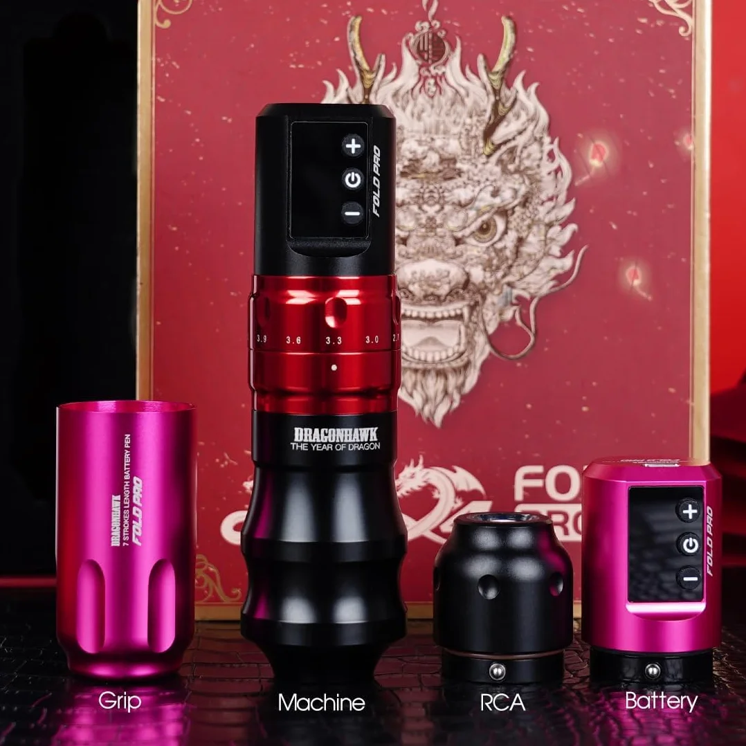 Dragonhawk Fold Pro Wireless Tattoo Pen Rotary Machine Adjust Stroke 2.4-4.2mm Year of Dragon Edition Red
