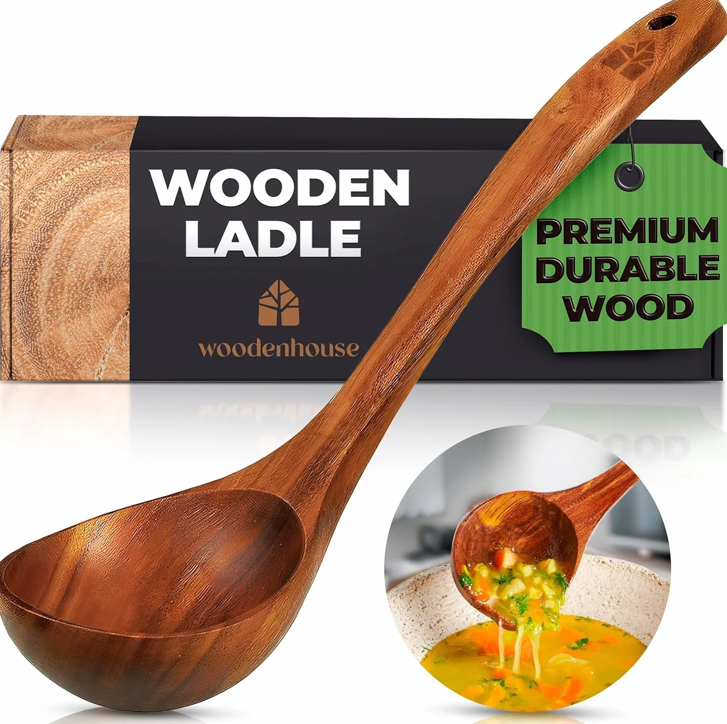 Drewniana chochla do gotowania, łyżka do zupy – drewniana łyżka do serwowania z drewna tekowego, uchwyt 12,4 cala, średni rozmiar miarki 56 ml - przyjazna dla środowiska, naturalna i zrównoważona