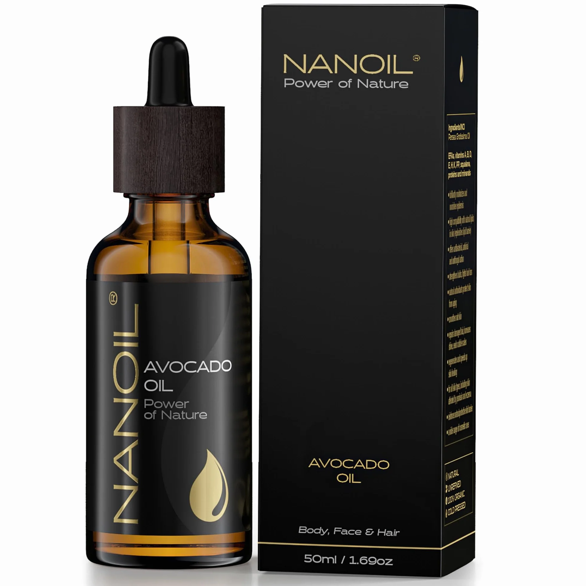 Olejek z awokado Nanoil Avocado Oil 50 ml – naturalny, zimnotłoczony i nierafinowany olejek do pielęgnacji włosów, ciała i twarzy