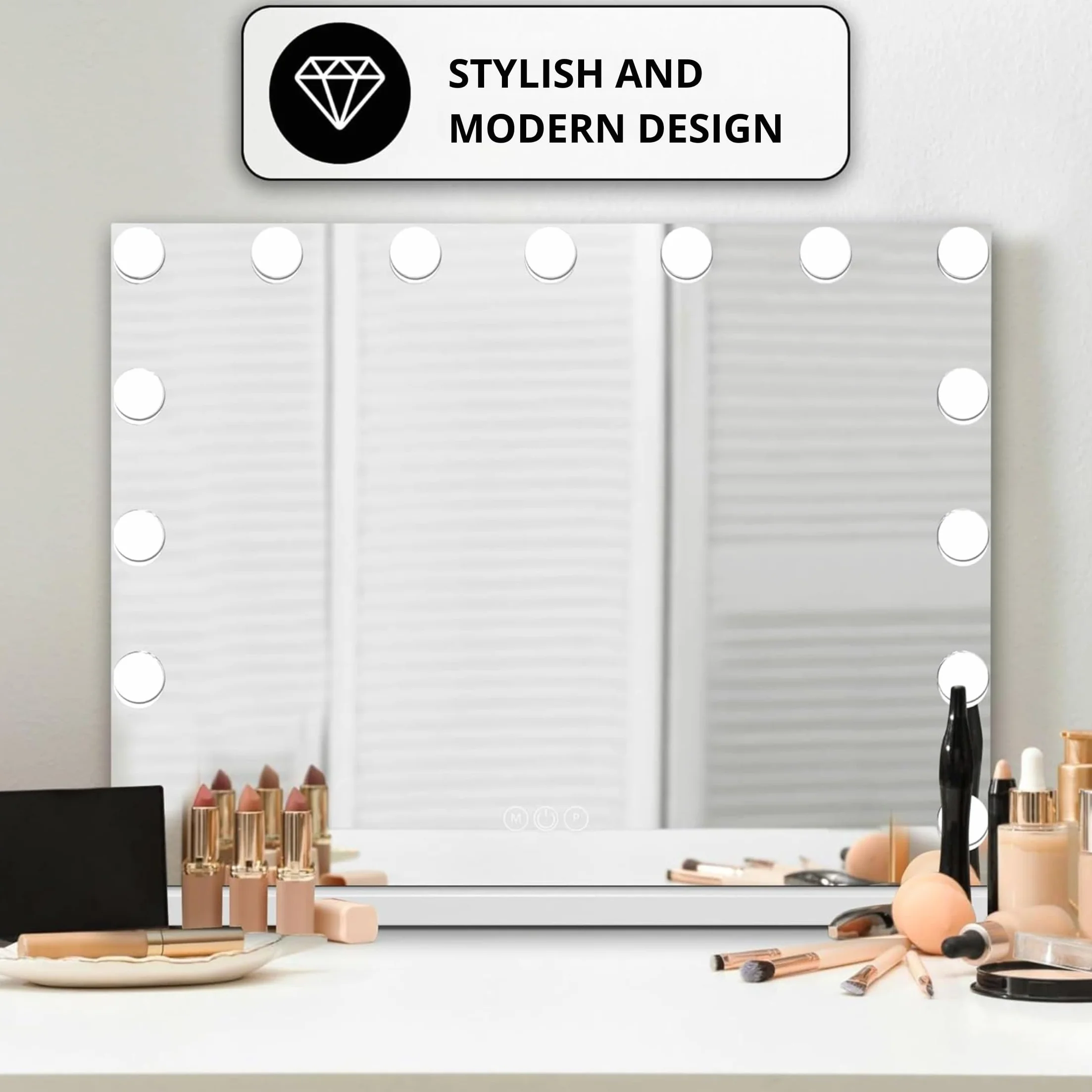 Bayt Lustro do Makijażu LED – Lustro Hollywood z Podświetleniem – Ściemnialne – 3 Kolory Światła – Ekran Dotykowy – 58x46 cm – Białe