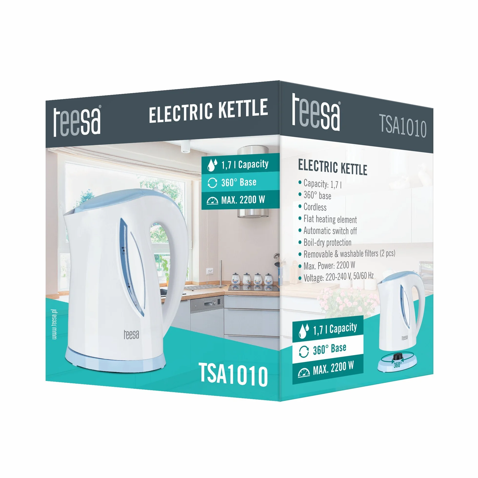 Teesa Czajnik Elektryczny Bezprzewodowy 1,7 L Moc 2200 W Ochrona przed Przegrzaniem TSA1010