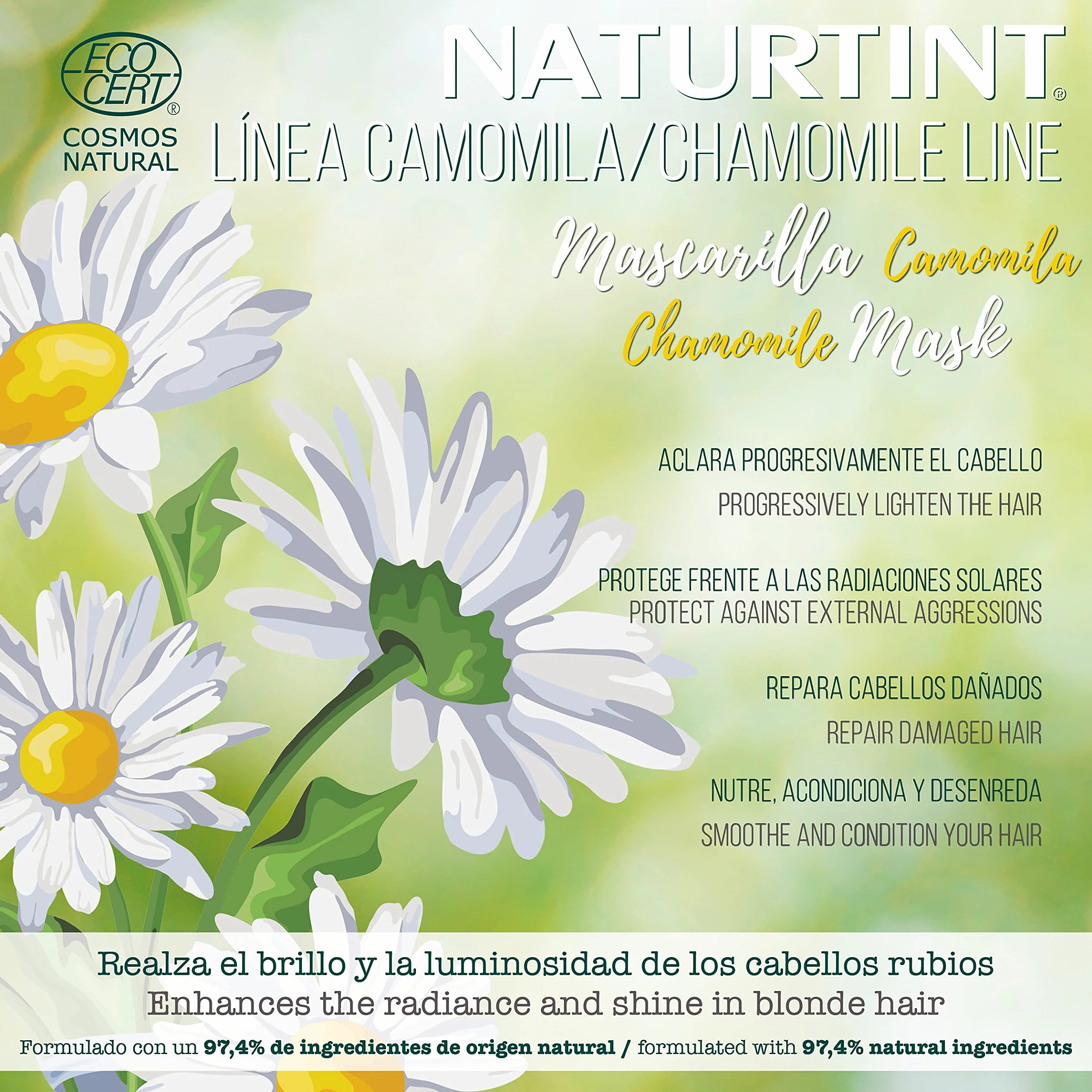 Naturtint Maska rumiankowa, progresywnie rozjaśnia blond włosy, zapewnia intensywne złote odbicia, odżywka i rozczesywanie, przeciw puszeniu się, 97,8% naturalnych składników, 150ml