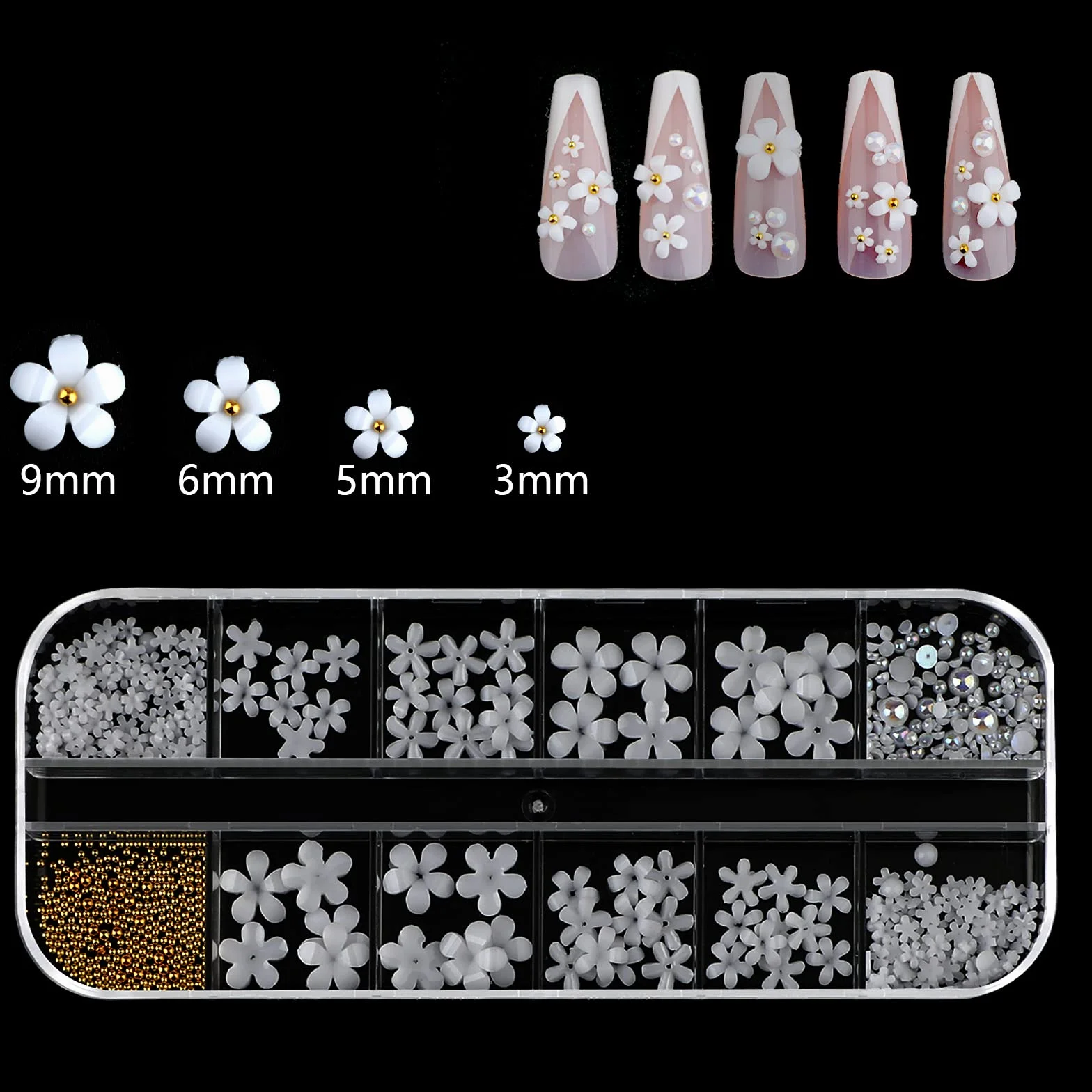 SAVITA 250 Sztuk 12 Rozmiarów 3D Kwiaty do Paznokci, 3D Dekoracja do Paznokci Plaskie Akcesoria do Paznokci do DIY Nail Art Design Tworzenia Bizuterii (Bialy)