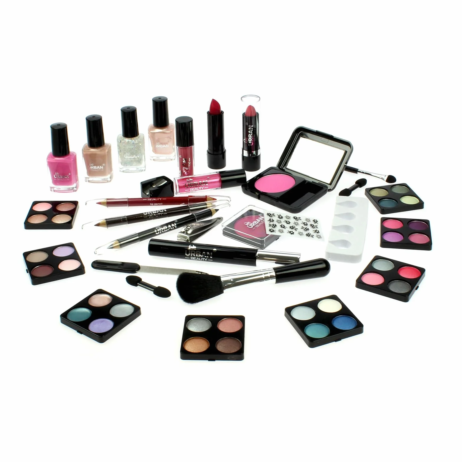 LOVE URBAN BEAUTY Wegańskie Olśniewające etui do makijażu – 60-częściowy zestaw do makijażu i paznokci dla nastolatków – Eleganckie srebrne pudełko – Kompaktowy i lekki design