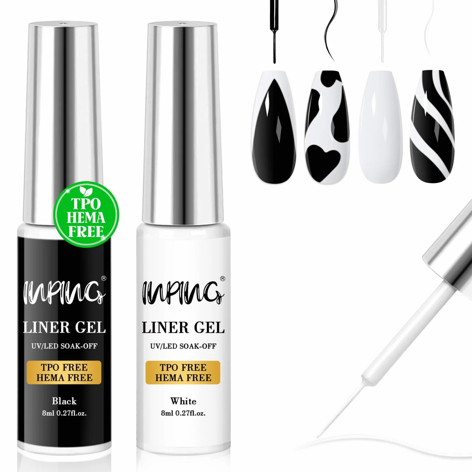 INPING 2 szt. Liner Gel Nail Art, TPO-FREE HEMA-FREE, 2 kolory biały i czarny liniowy lakier półtrwały, lakier żelowy UV, lakier do paznokci, francuski manicure dla początkujących, 8 ml