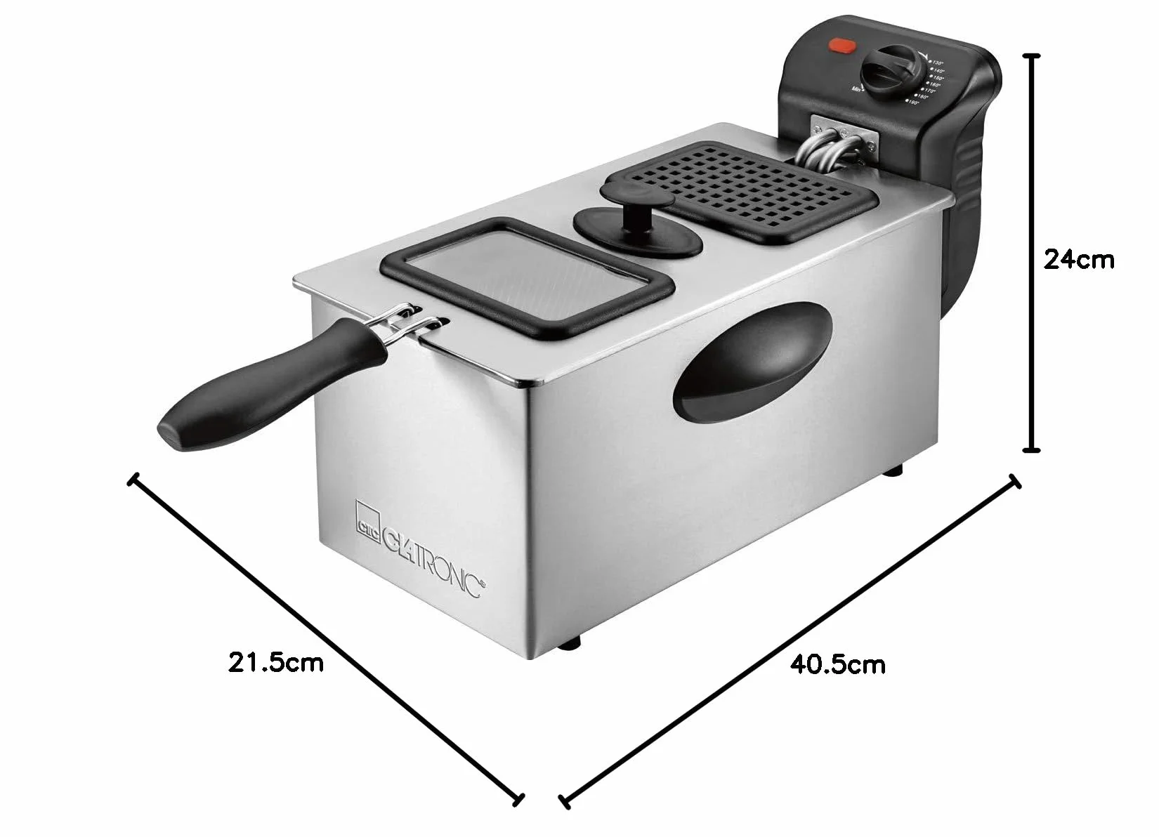Clatronic Frytkownica ze stali nierdzewnej FR 3587, pojemność 3 l, 2000 W, bezstopniowo regulowany termostat, izolowane termicznie uchwyty do noszenia, łatwe czyszczenie, stal nierdzewna/czarna