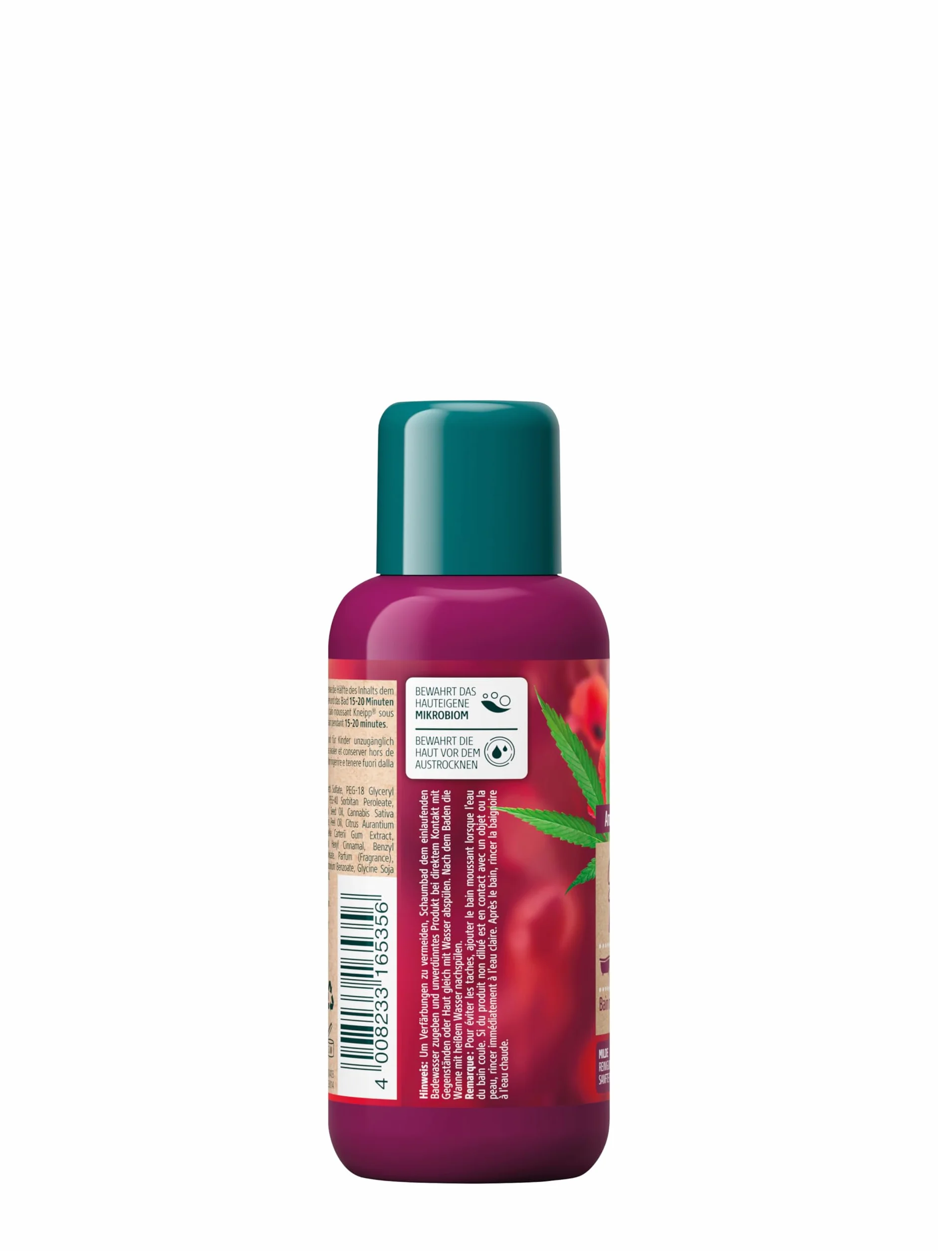 Kneipp Aromatyczna kąpiel z pianki pielęgnacyjnej Happy Auseit rozmiar podróżny – dodatek do kąpieli z naturalnymi olejkami z czerwonego maku i konopi – nastrojowy zapach – zapewnia miękkie i