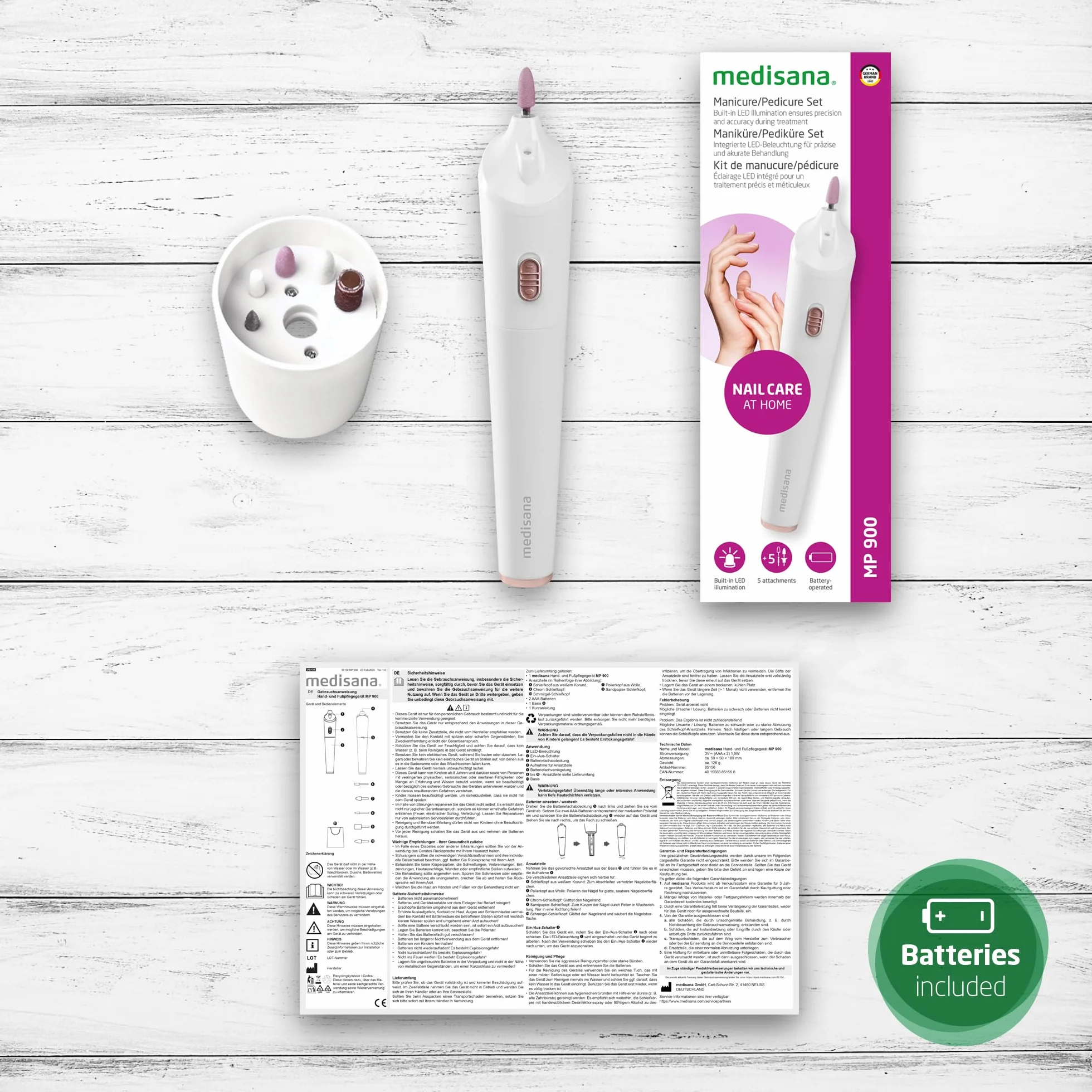 medisana MP 900 elektryczny zestaw do manicure i pedicure, pilnik do paznokci, obcinacz do paznokci i zmywacz do modzeli, zestaw do pielęgnacji dłoni i stóp oraz leczenia paznokci, skórek i modzeli