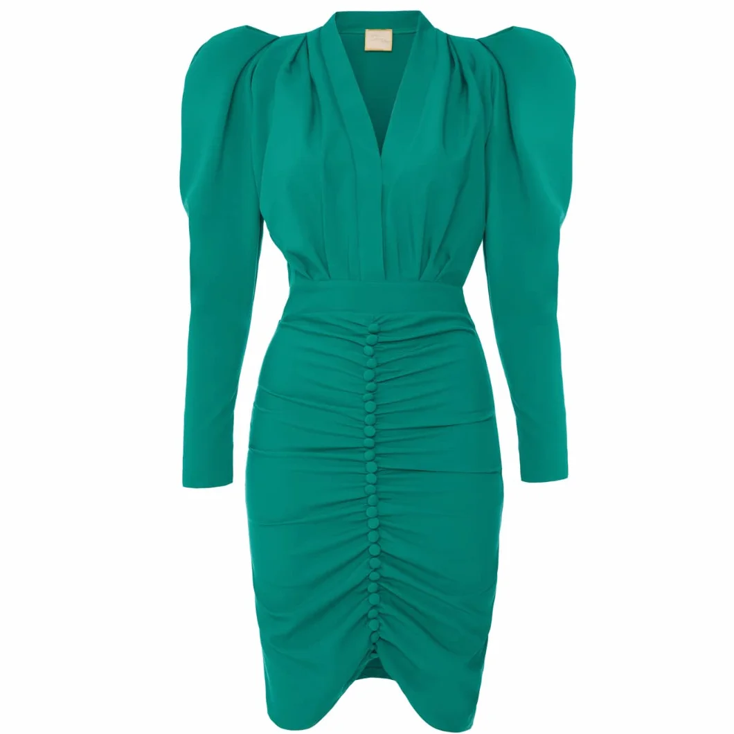 Laura elegancka sukienka damska, na imprezę, koktajlowa, wieczorowa, biznesowa, odświętna, ołówkowa, bodycon, dekolt w serek, długość do kolan, długi rękaw, zielony, S