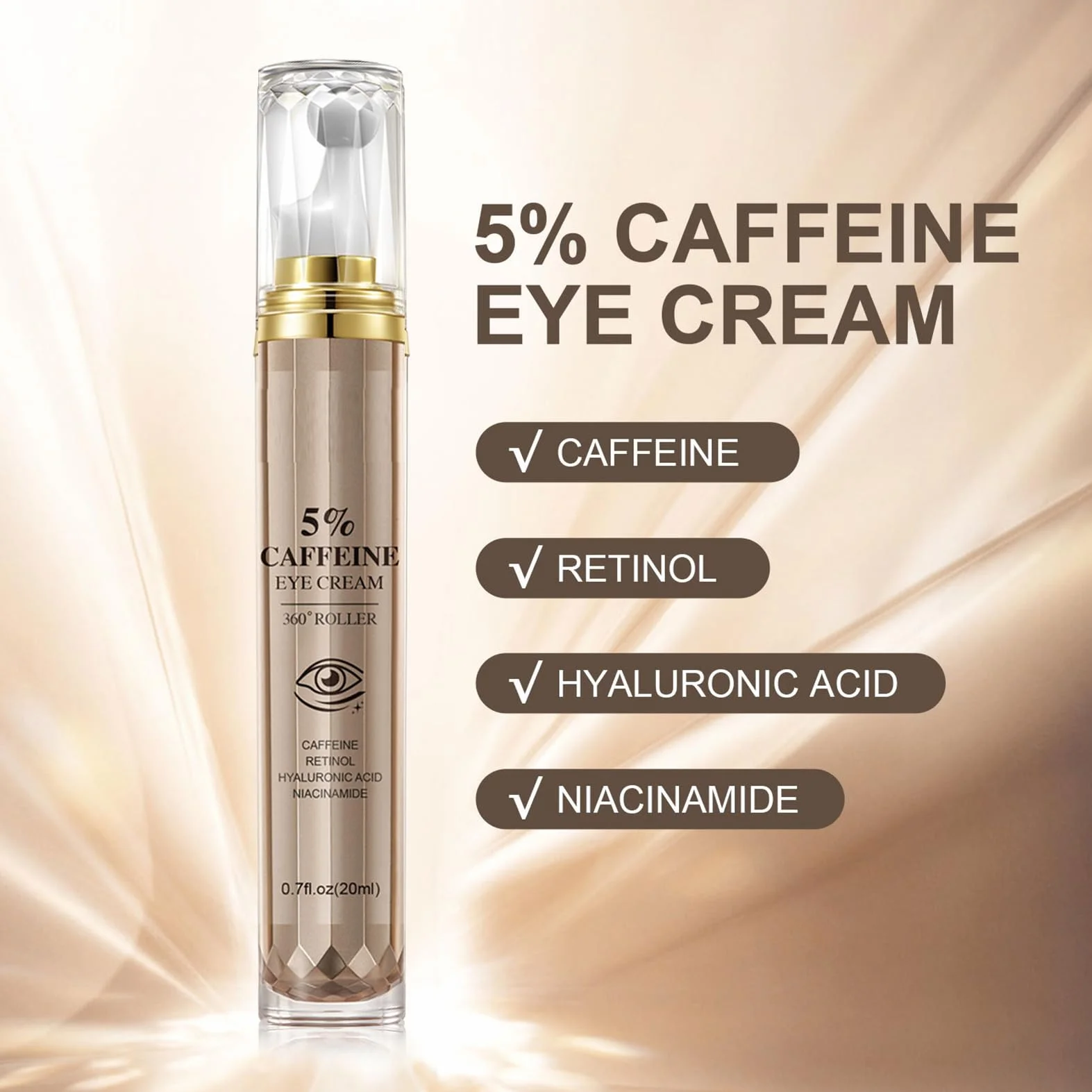 Serum do oczu z kofeiną, krem pod oczy przeciwko obrzękom i cieniami, serum przeciwstarzeniowe z 360° kulką do masażu, serum eliminujące cienie pod oczami – pielęgnacja oczu zmniejszająca worki pod