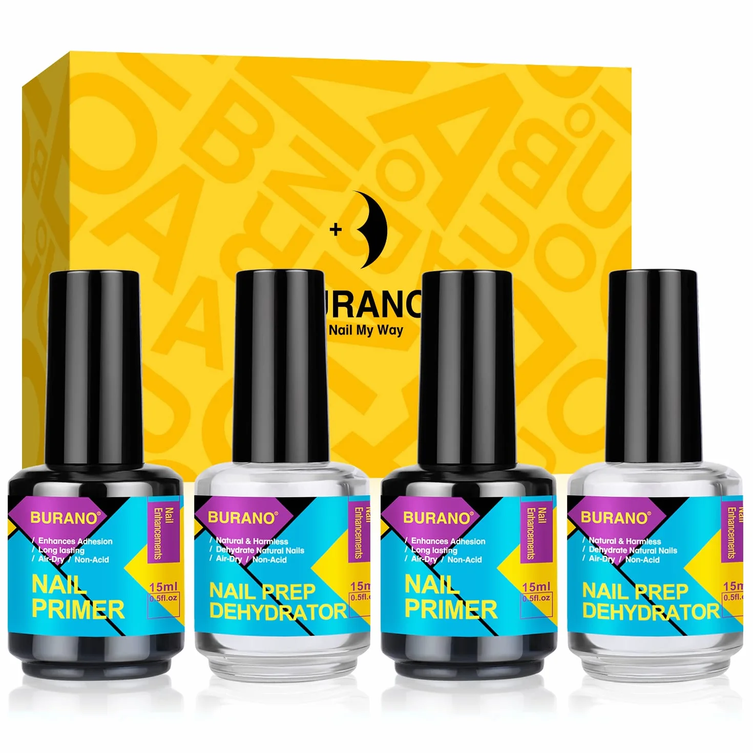 BURANO Natural Nail Prep Dehydrator and Primer for Acrylic 15ml 4 Bottle Nail Art Gel Designer Kit