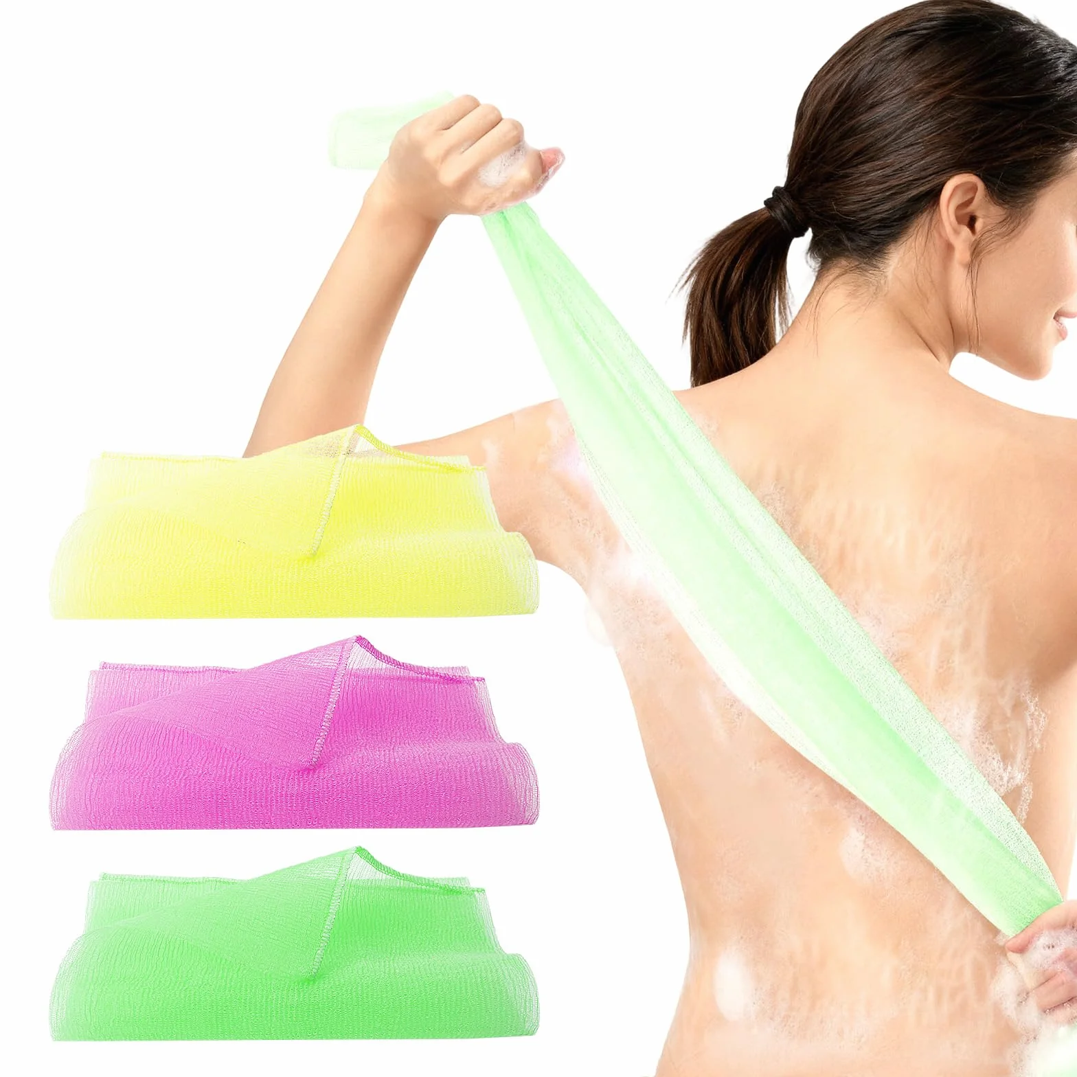 3 sztuki peelingujących myjek, szczotka do szorowania pleców, gąbka do ciała i pleców, gąbka do peelingu, rękawica do peelingu, dla mężczyzn i kobiet, do ciała (żółta + różowa + zielona)