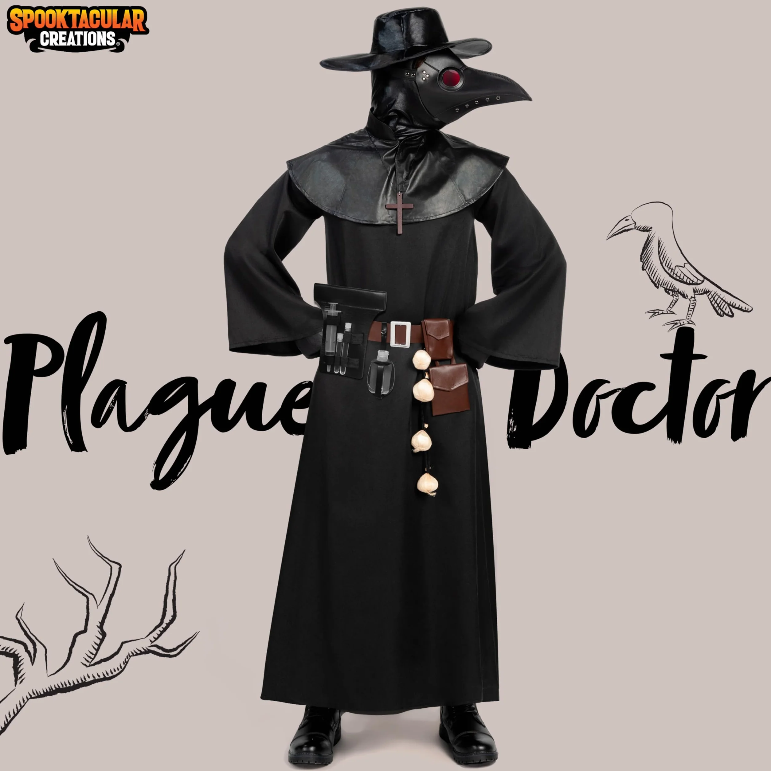 Spooktacular Creations Męski czarny kostium lekarza zarazy z kapeluszem, maską, szalem, szatą, rękawiczkami, paskiem, czosnkiem, berłem