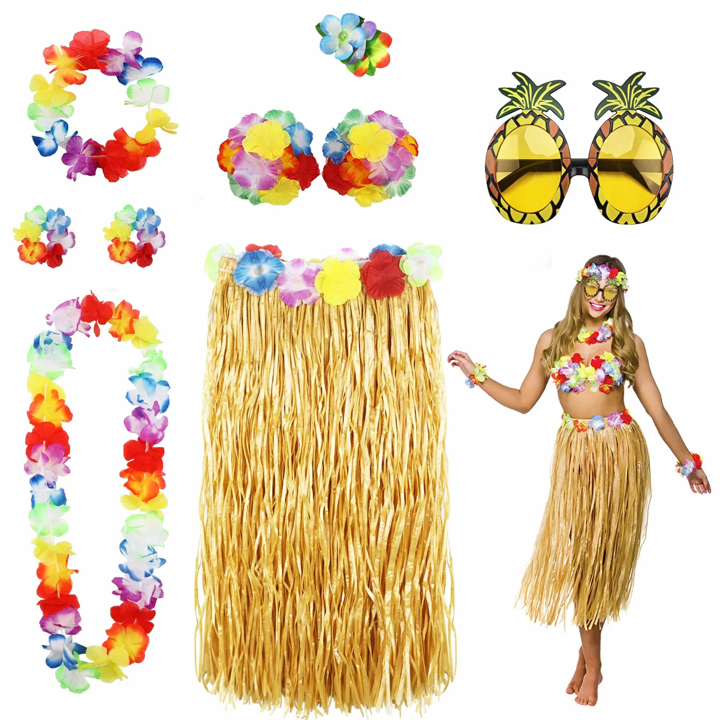 PHOGARY Zestaw akcesoriów do kostiumu hula Luau Party: tańcząca kula, kwiatowy bikini, hawajskie Lea, klipsy do włosów, okulary przeciwsłoneczne