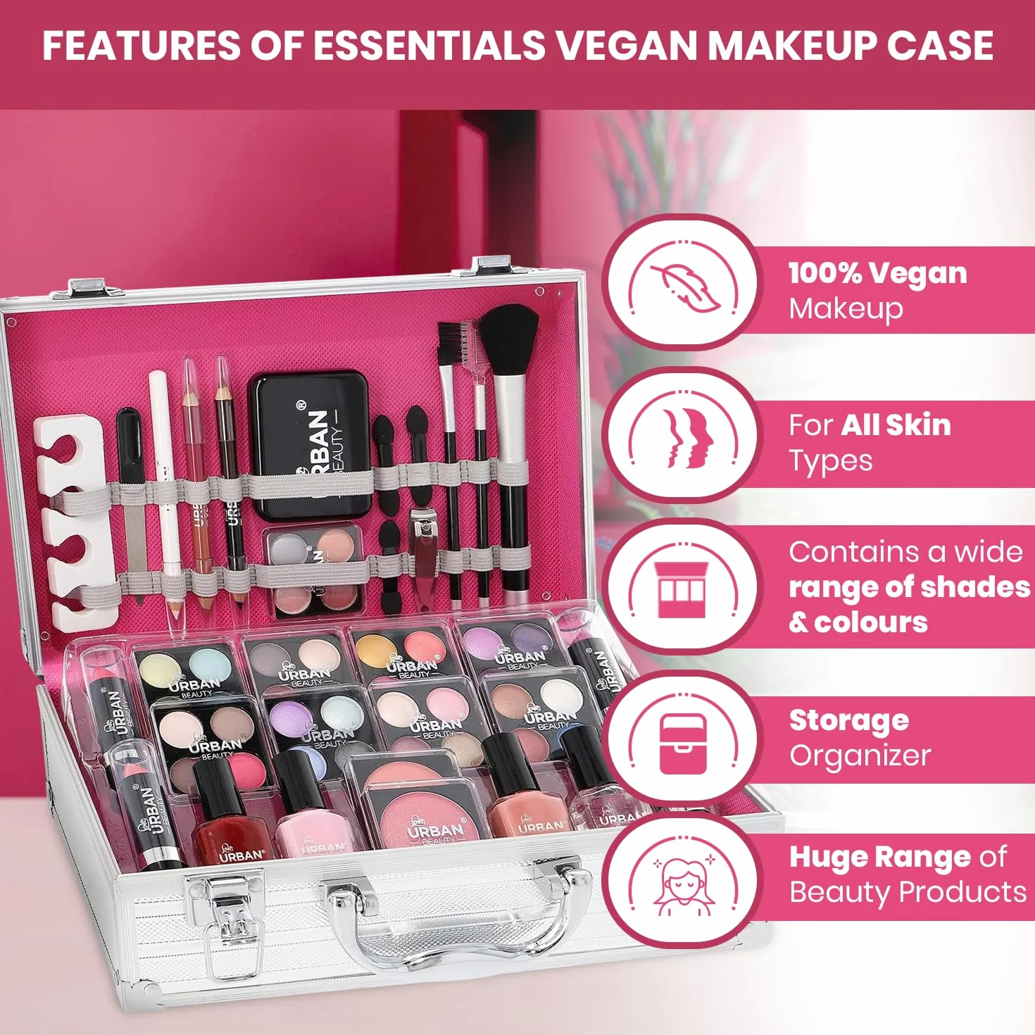 LOVE URBAN BEAUTY Essentials Wegańska kosmetyczka na kosmetyki – 64-częściowy wegański zestaw do makijażu dla nastolatków – Eleganckie srebrne pudełko – Kompaktowa i lekka konstrukcja