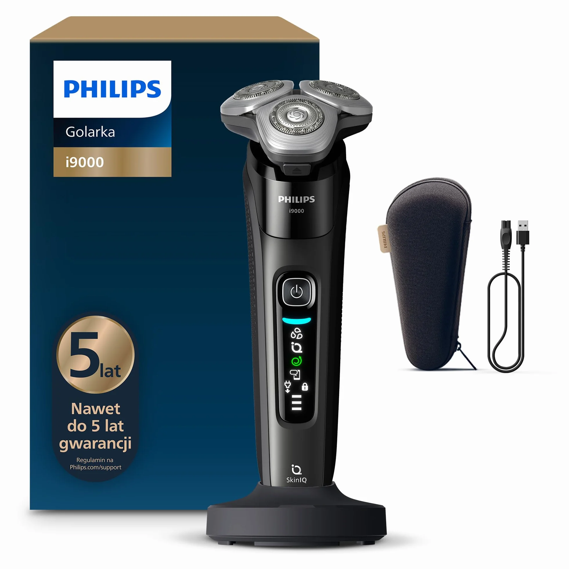 Philips Shaver i9000, golarka elektryczna do golenia na mokro i na sucho, technologią Skin IQ, systemem Triple Lift & Cut, podwójnymi ostrzami SteelPrecision obracającymi się o 360 stopni, X9000/10